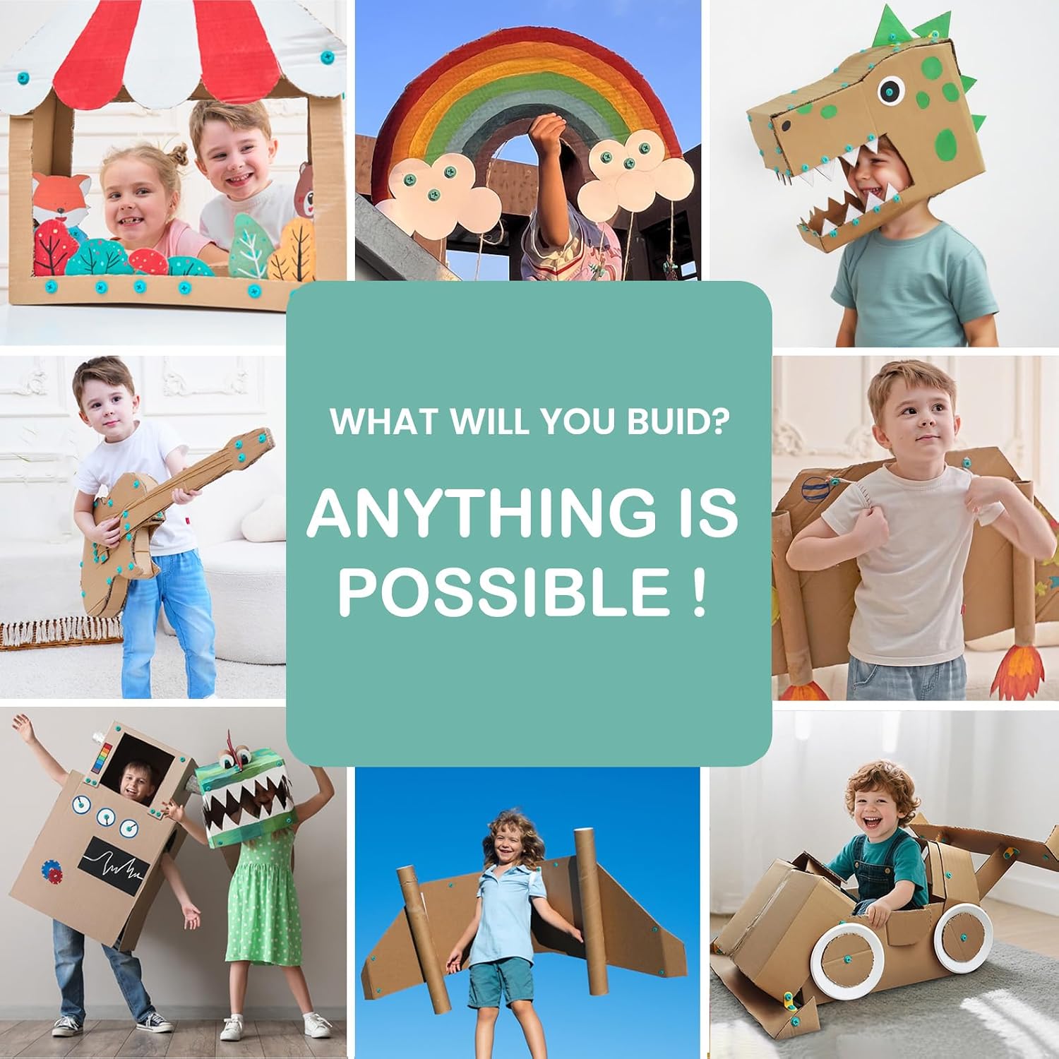Kizzikids Cardboard Tools for Kids, STEM Construction Kit Safe Cutter | 219 PCS Building Kits Cardboard Screws & Cardboard Connectors, Spin Hinges, Storage Box, Hands-On Creativity, Ages 5+