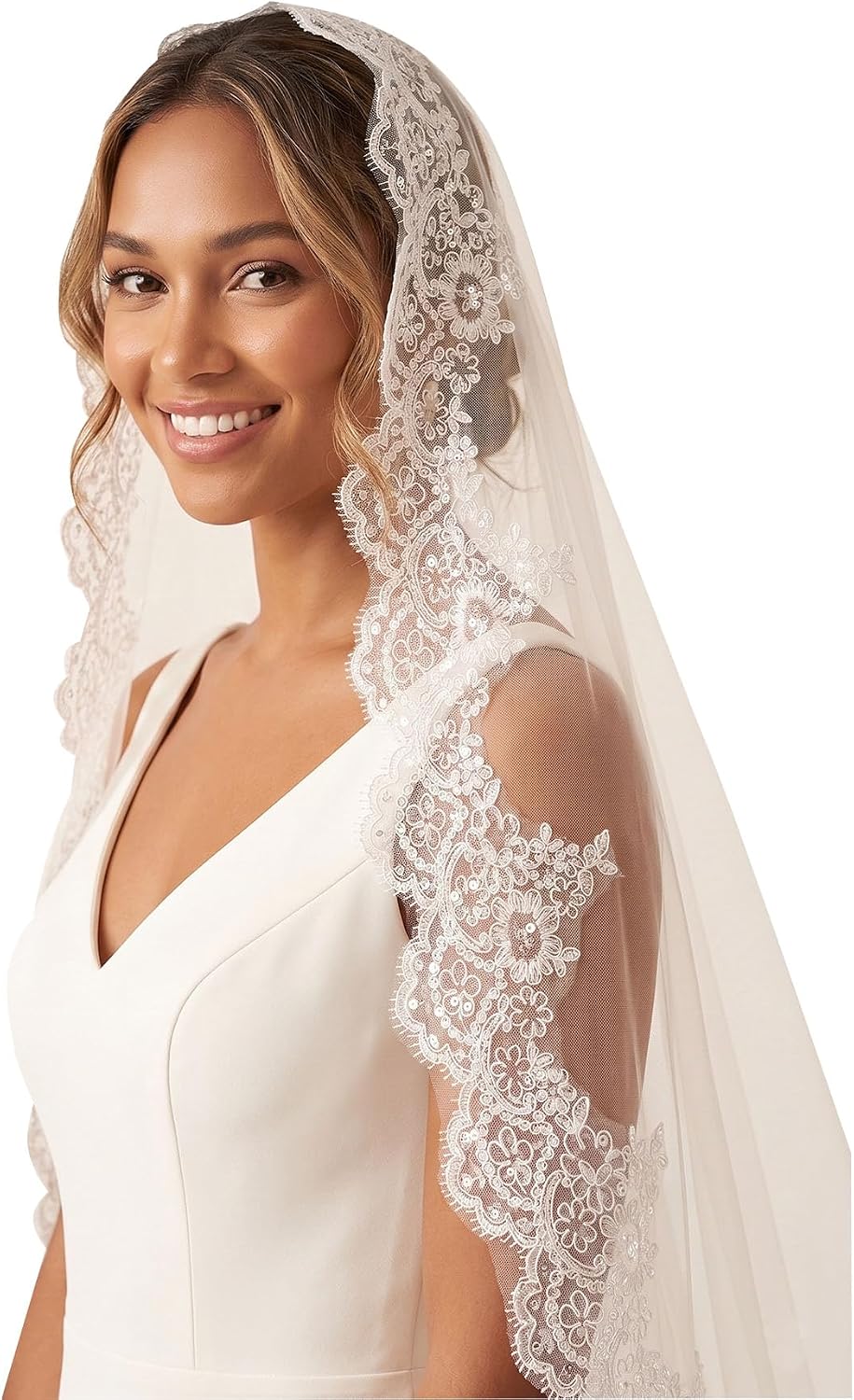 Mantilla Veil Lace Sequin Edge Fingertip Length Wedding Veil with Comb for Bride