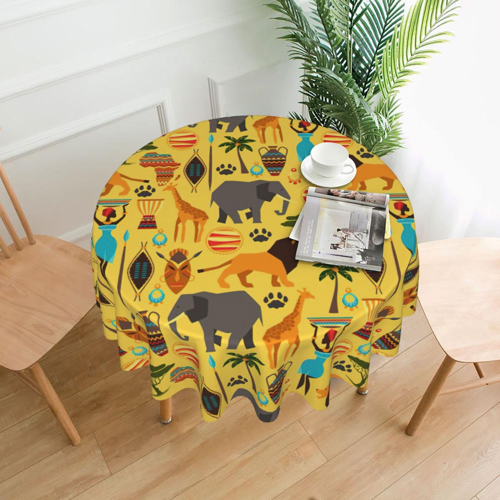 SDEGTHO Africa Elephant Print Modern Retro Round Tablecloth 60in Polyester Fabric Cover for Party Dining Table Washable