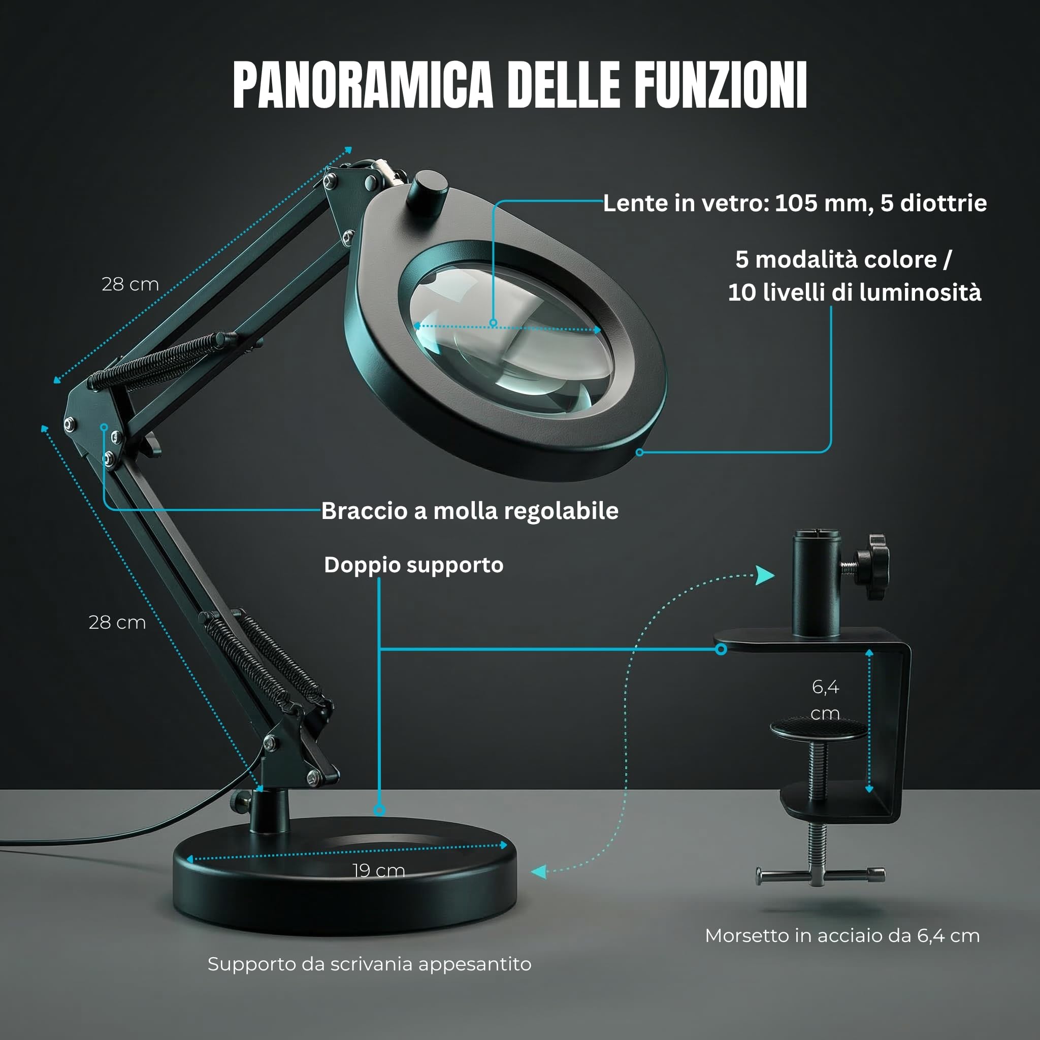 Lampada di Ingrandimento con Base e Morsetto, Lente Illuminata 105 mm 5x, Luce Regolabile (5 Colori, 10 Livelli, 790 LM), Braccio Orientabile Regolabile - Mani Libere per Lavori di Precisione