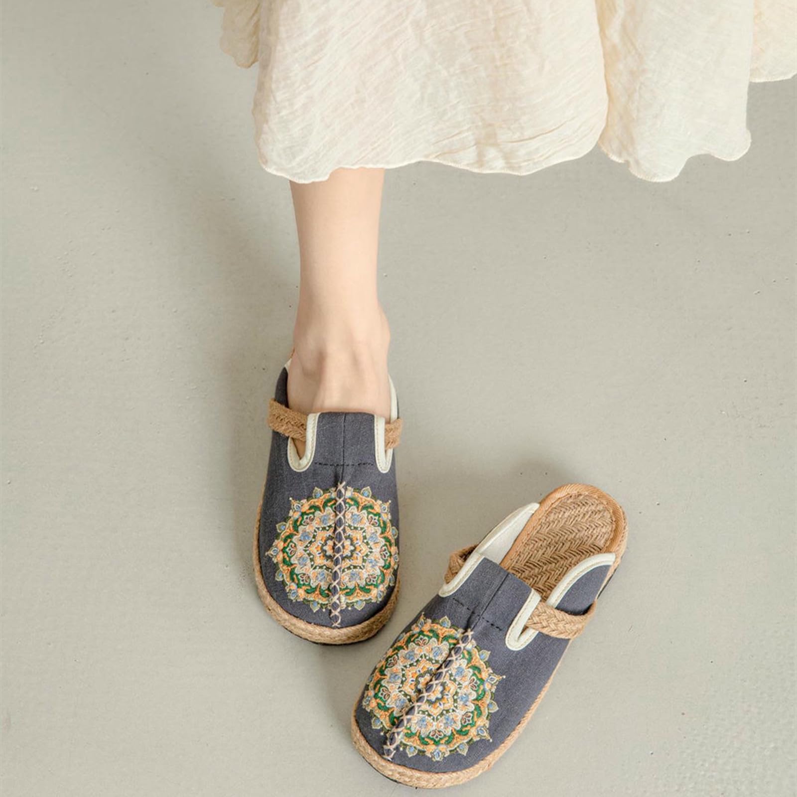 Ciabatte Donna Pantofole da Ricamate in Biancheria - Scarpe Panno Stile Etnico Piatto, Comodo Scivolo Antiscivolo per Primavera E Estate-beige-39ue