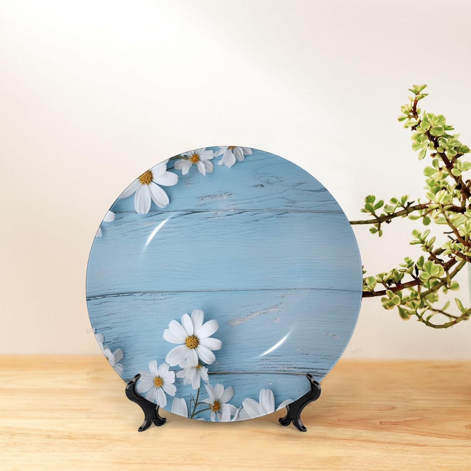 ホワイトフラワー ライトブルー ウッドボーンチャイナ 装飾プレート 写真付き パーソナライズド磁器ディナープレート ディスプレイスタ