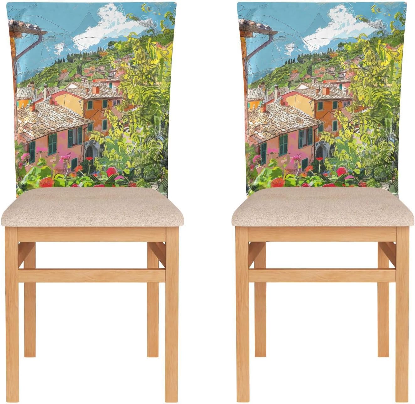 ALAZA Italy View Flowers Chair Back Cover Set of 6, Washable Reusable Removable Chair Slipcovers Decorative Chair Cover for Home Kitchen Wedding Party