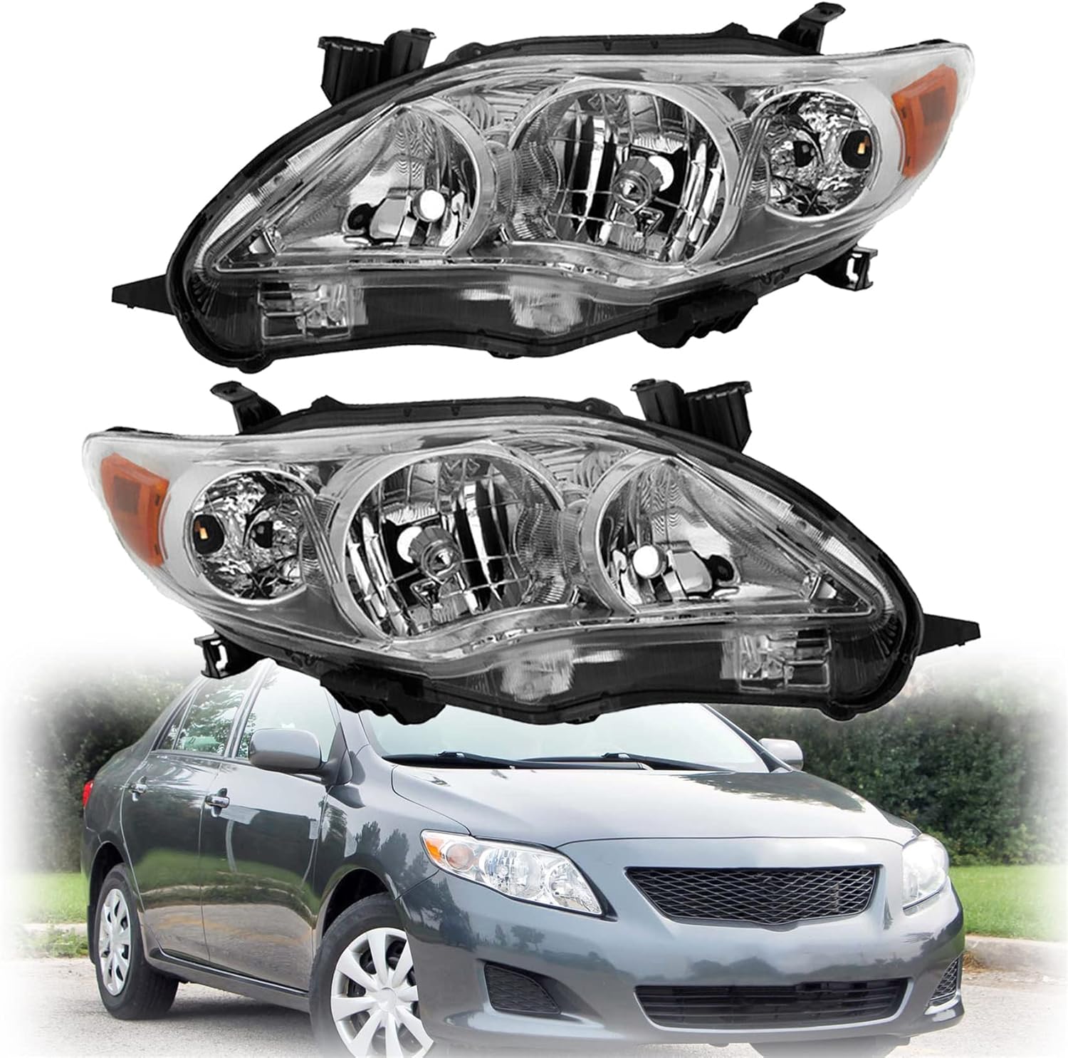 Halogen Headlight Assembly Driver and Passenger Side Chrome Headlamps Replacement for 2011 2012 2013 Corolla TO2502203 TO2503203