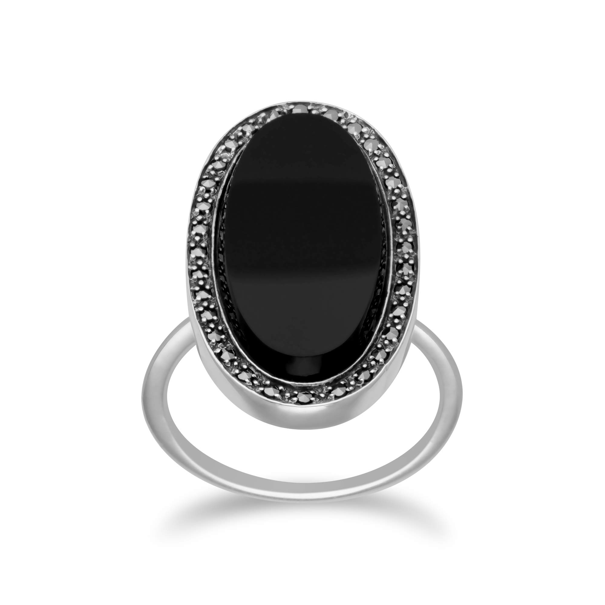 USA 925 Sterling Silver Marcasite & Black Onyx Art Deco Ring Size 6, 7, 8, 9, and 10