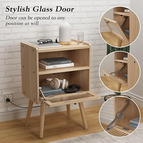 Miniatura 21 de Mesita de noche moderna de mediados de siglo con estación de carga, mesitas de noche con puerta de cristal, mesa auxiliar con espacio de Gris