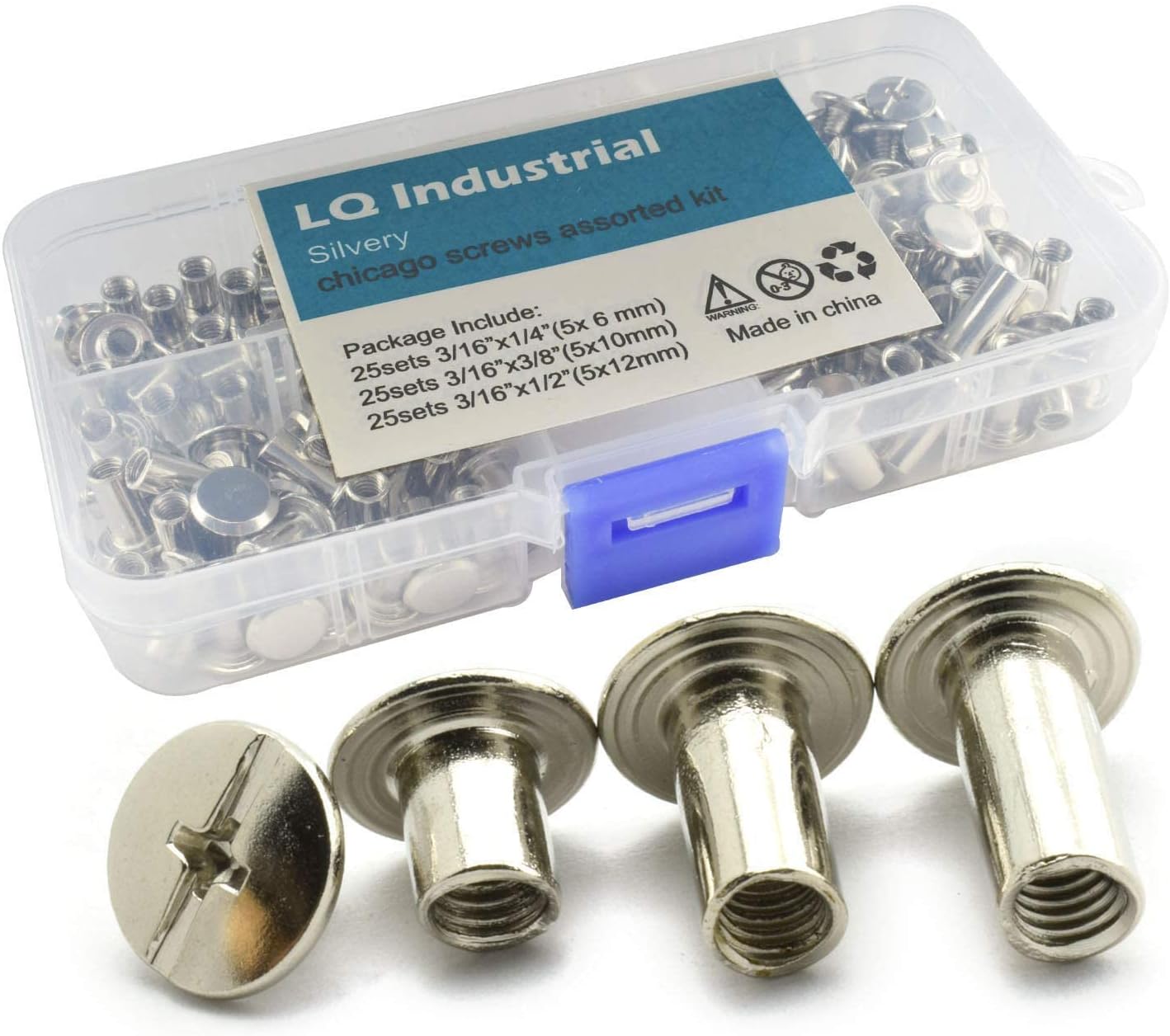 LQ Industrial 75 Sets Silver M5 Chicago Screw Assorted Kit Slotted Phillip Head Binding Screws Rivet Assembly Bolt Nail Rivet for Book Binding DIY Leather Craft M5x6 M5x10 M5x12