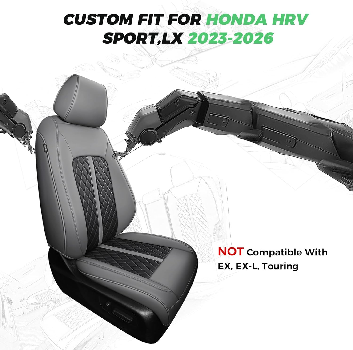for Honda HRV Seat Covers 2023 2024 2025 2026 Sport LX, Custom Fit Car Seat Cover Full Set, Waterproof Leather HR-V Seat Protector, SUV Cushions Accessories, Gray Black, NOT Fit for EX-L