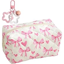 SSKHE Bow Pencil Case, Pink Bow and Heart Pencil Case with Star Keychain, Pencil Pouch, Student Stationery Organizer, Makeup Bag for Girls Women