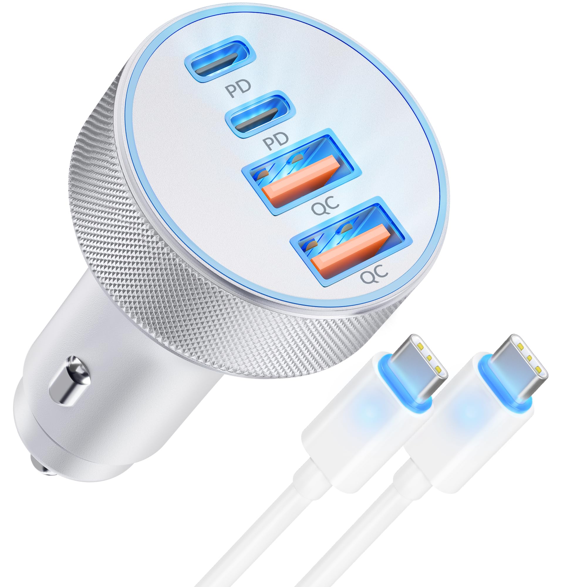 90W Super Fast Car Charger USB C, 4-Port Dual 45W USB C Car Cigarette Lighter Adapter Accessories + 3FT Type C Charging Cable with Blue Light for iPhone 16 15 Pro Max 16e Samsung Android iPad MacBook