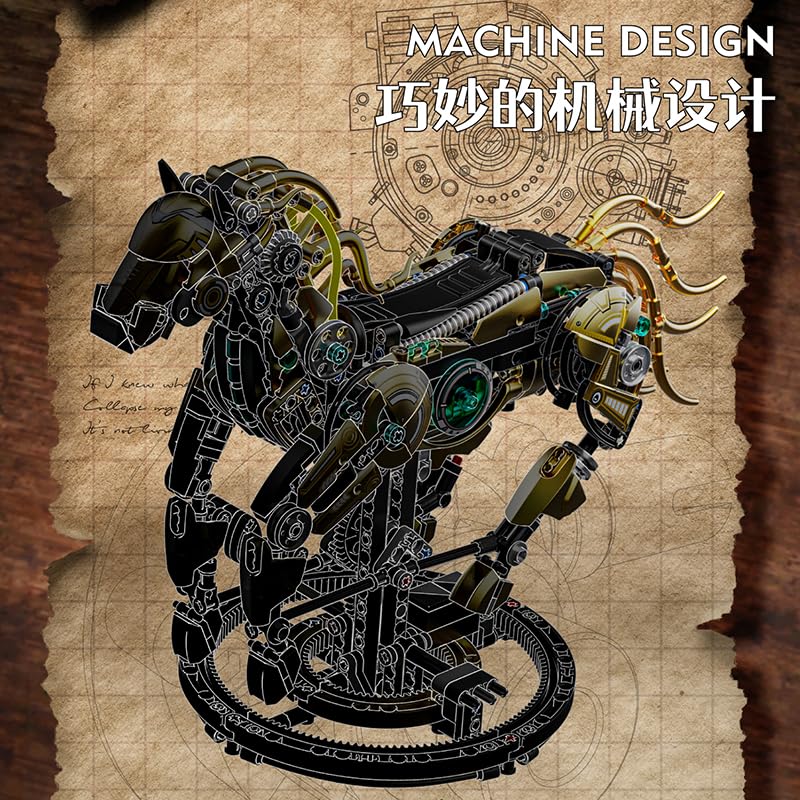 Image of SKY LINE OCEAN Mechanical Horse Building Set with Light - 1055+ PCS Steampunk Robotic Animal Model, LED Display STEM Construction Kit, Compatible Bricks Collectible Gift for Teens & Adults