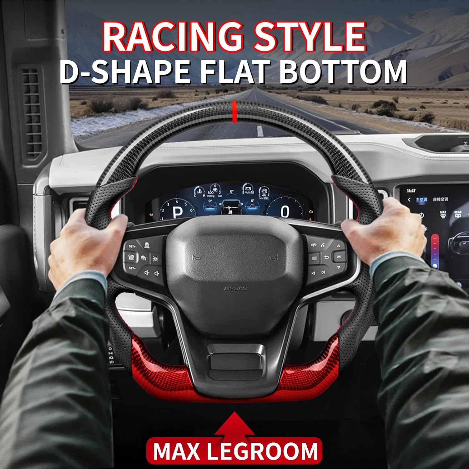 Real Carbon Fiber Steering Wheel for Ford Bronco 2021-2026, Raptor Wildtrak Badlands Big Bend Outer Banks First Edition 2-Door 4-Door, Red Stitching Flat Bottom Sport Grip, Not for Bronco Sport