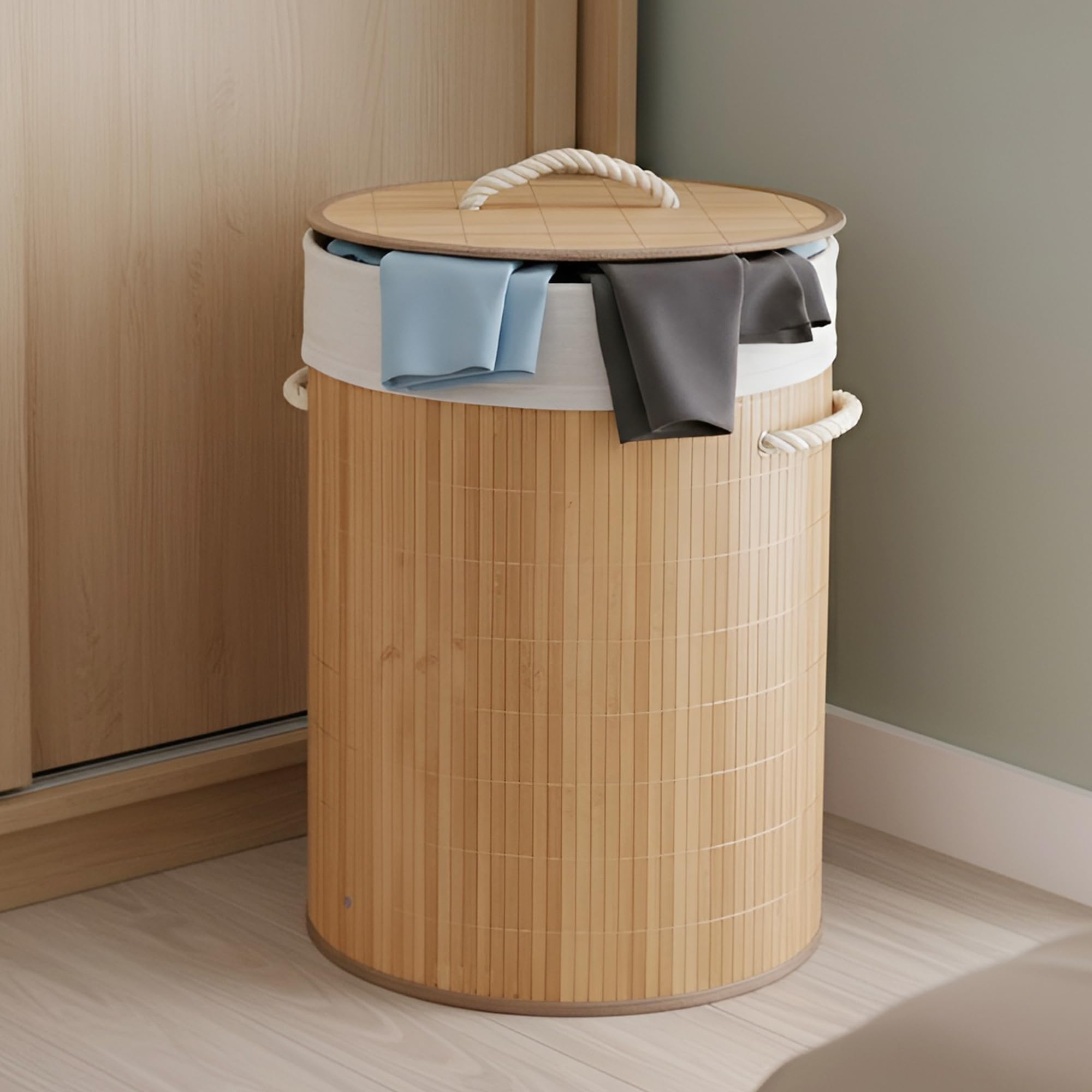 IBELL Foldable 72 litre Round Bamboo Laundry Basket with Lid | Sustainable & Eco-Friendly | Solid Laundry Basket | 35.5L x 35.5W x 57H | Easy to Carry (1 Pc, Brown Finish) IBL-25BS-image-5