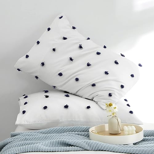 Miniatura 5 de Stuaa - Juego de edredón individual, reversible con pompón azul marino, edredón de relleno alternativo para todas las estaciones (blanco y azul