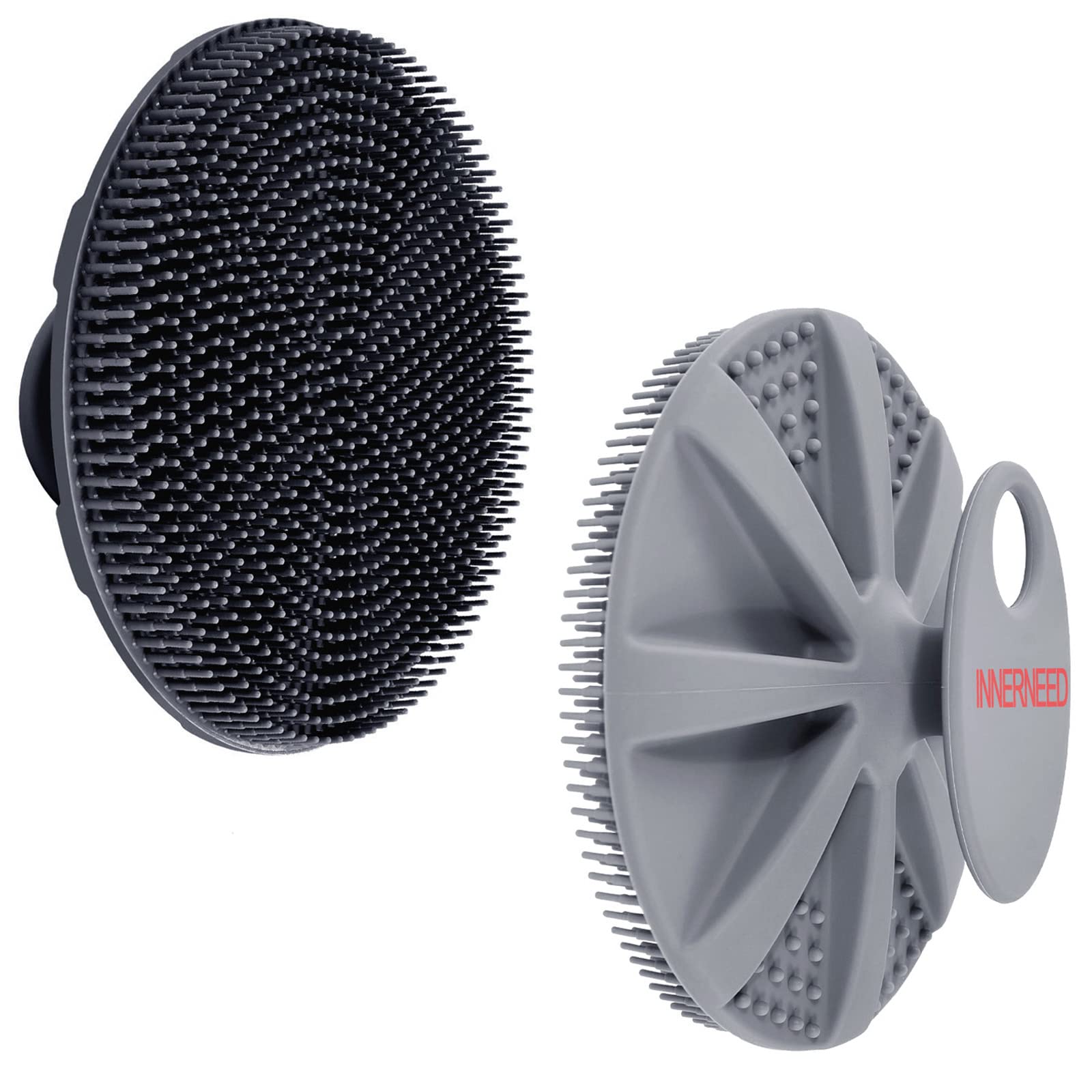 INNERNEED Food-grade Soft Silicone Body Scrubber Shower Brush Handheld Cleansing Skin Brush, Gentle Exfoliating and Lather Well (Black+Gray)Recycled Claim Standard Blended
