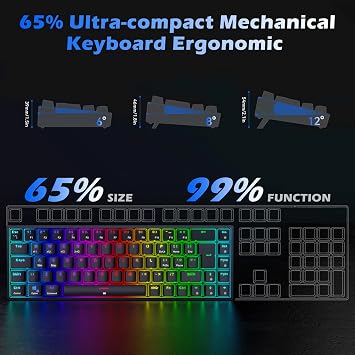 TECURS Wireless Gaming Keyboard Mechanical RGB UK Layout TKL 65% Rollover Anti-ghosting Bluetooth / 2.4G Keyboard Red Switch for PC Gamer/iPad/ PS4/Android, Black