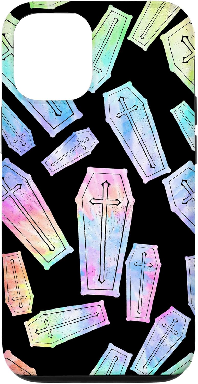 iPhone 14 Pro Pastel Goth Coffin Print Pastel Rainbow Swirl Creepy Cute Case