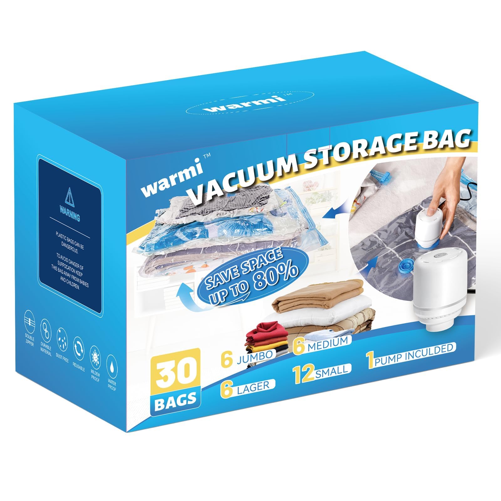 Warmi 30 Pack Vacuum Storage Bags with Electric Air Pump - Vacuum Sealer Bags for Clothes Storage, Blanket, Duvets, Pillows, Comforters, Home Storage & Organisation