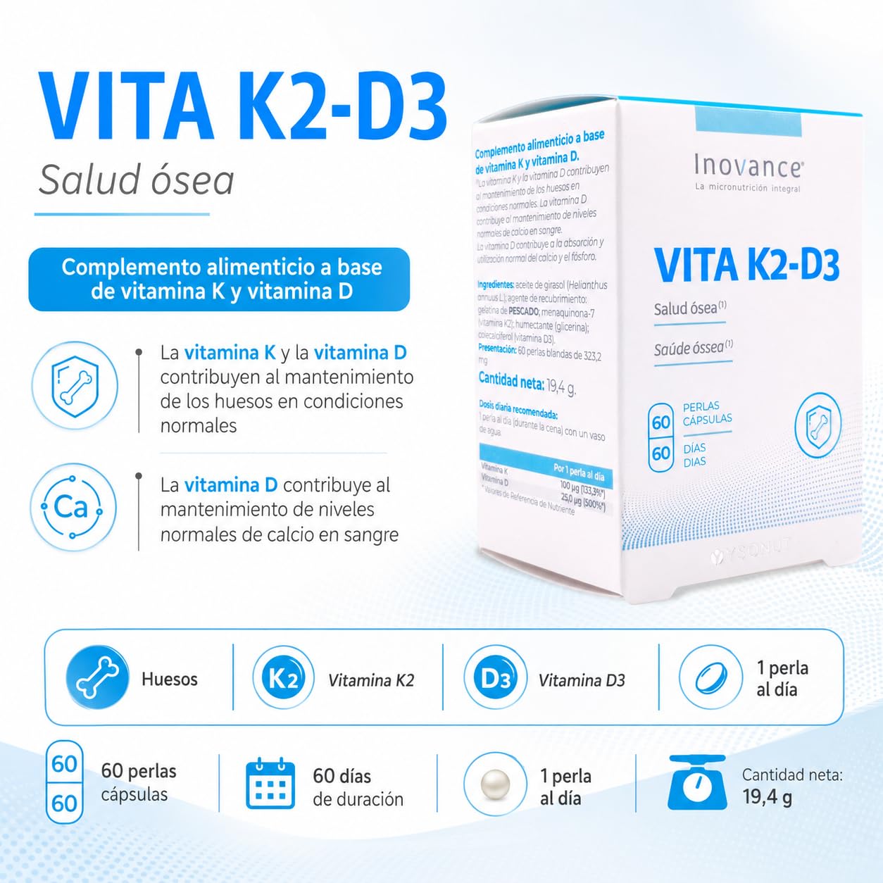 Inovance Vita K2-D3 60 Perlas - Suplemento de Vitamina D3 y Vitamina K2 - Salud Ósea y Cardiovascular - Fija el Calcio en los Huesos y Apoya el Sistema Inmunitario - Alta Absorción