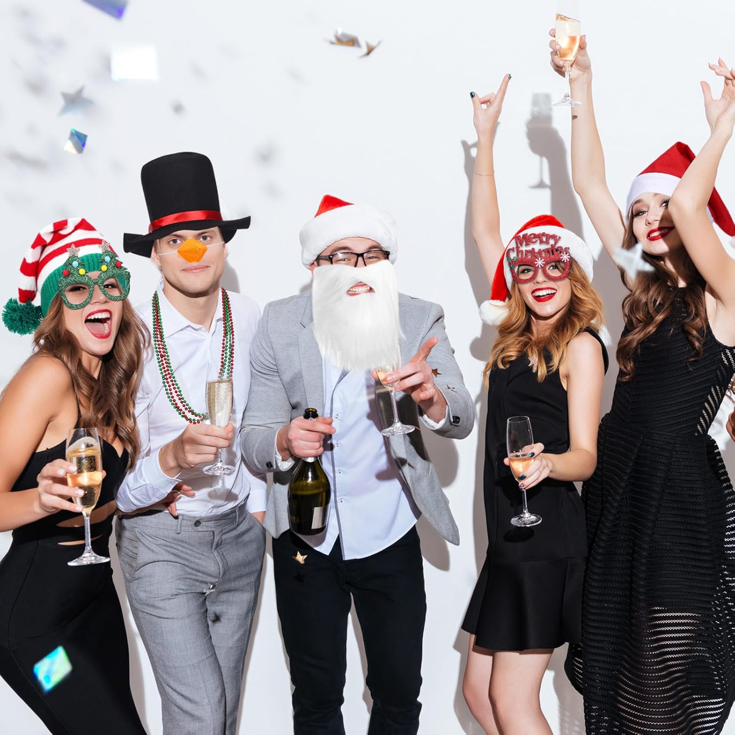 19 Pcs Christmas Party Photo Booth Props, Christmas Hat Glasses Frames Christmas Headbands Necklaces Necktie White Beard Striped Knit Hat Black Hat Carrot Nose Set for Xmas Party Decoration