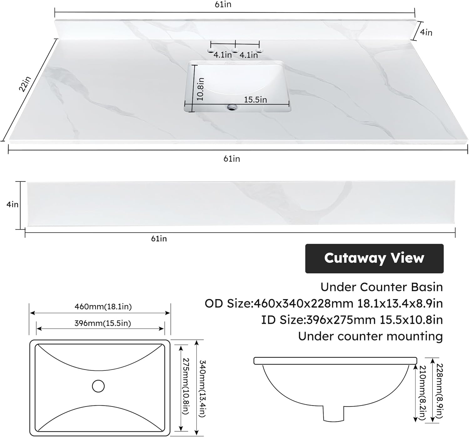 Montary 61-Inch Carrara Quartz Bathroom Vanity Top, 3/4" Thick with Single Undermount Sink & 4" Backsplash, 3 Pre-Drilled Faucet Hole,White Quartz with Veins