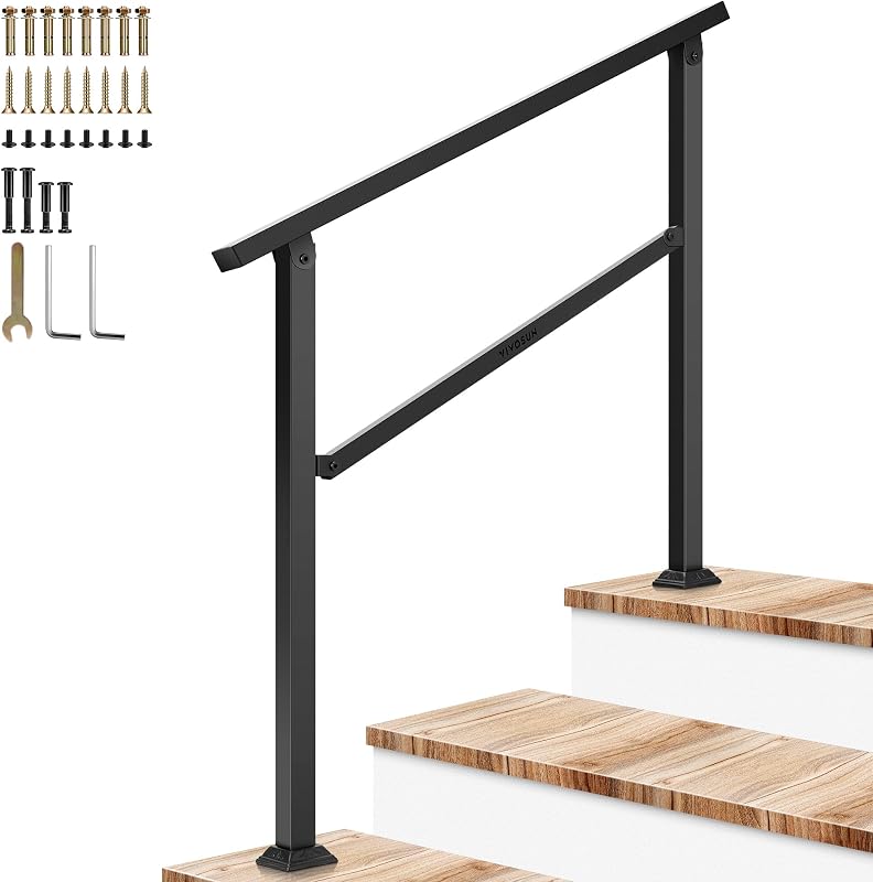 VIVOSUN Pasamanos de escalera de 3 escalones 40 "x 36" Barandilla de porche de hierro forjado Negro | Robusto pasamanos de hierro forjado para personas mayores y familiares; negro inoxidable; hardware completo incluido; para porche, terraza, escalones de hormigón