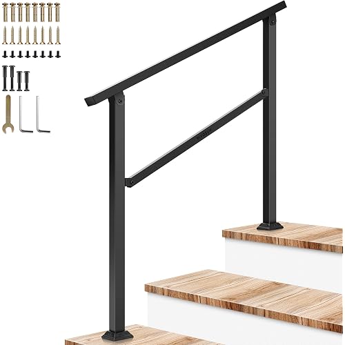 VIVOSUN Outdoor Handrail, 3 Step Stair Handrail, 40" x 36" Fits 1 to 3 Steps, Wrought Mattle Iron Handrail for Concrete Steps, Porch Steps, One-Step Assembly, Black
