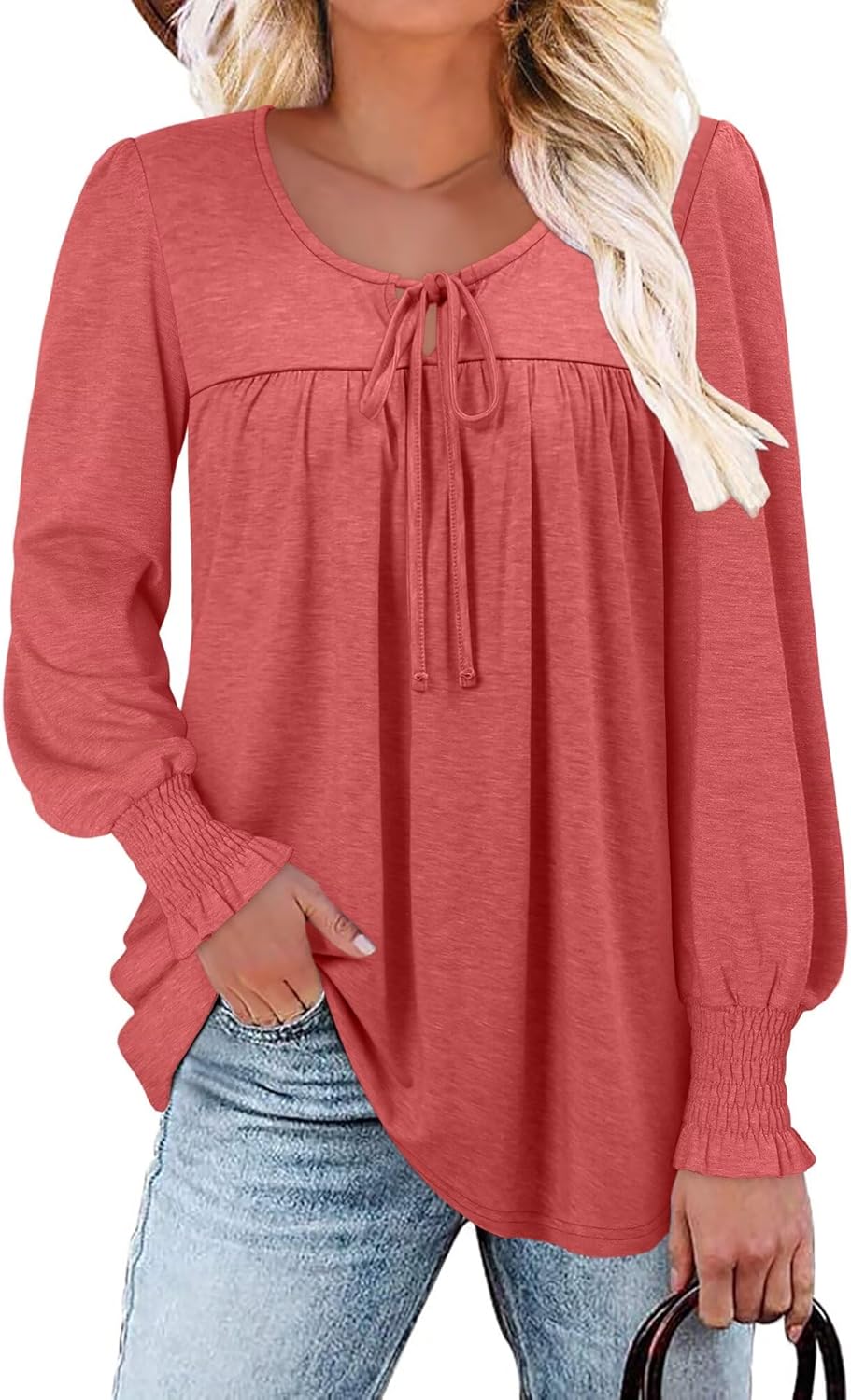 Magritta Womens Long Sleeve Tops 2025 Fall Keyhole-Tie Neck Pleated Tunic Blouses Dressy Casual Business Shirts - Image 2