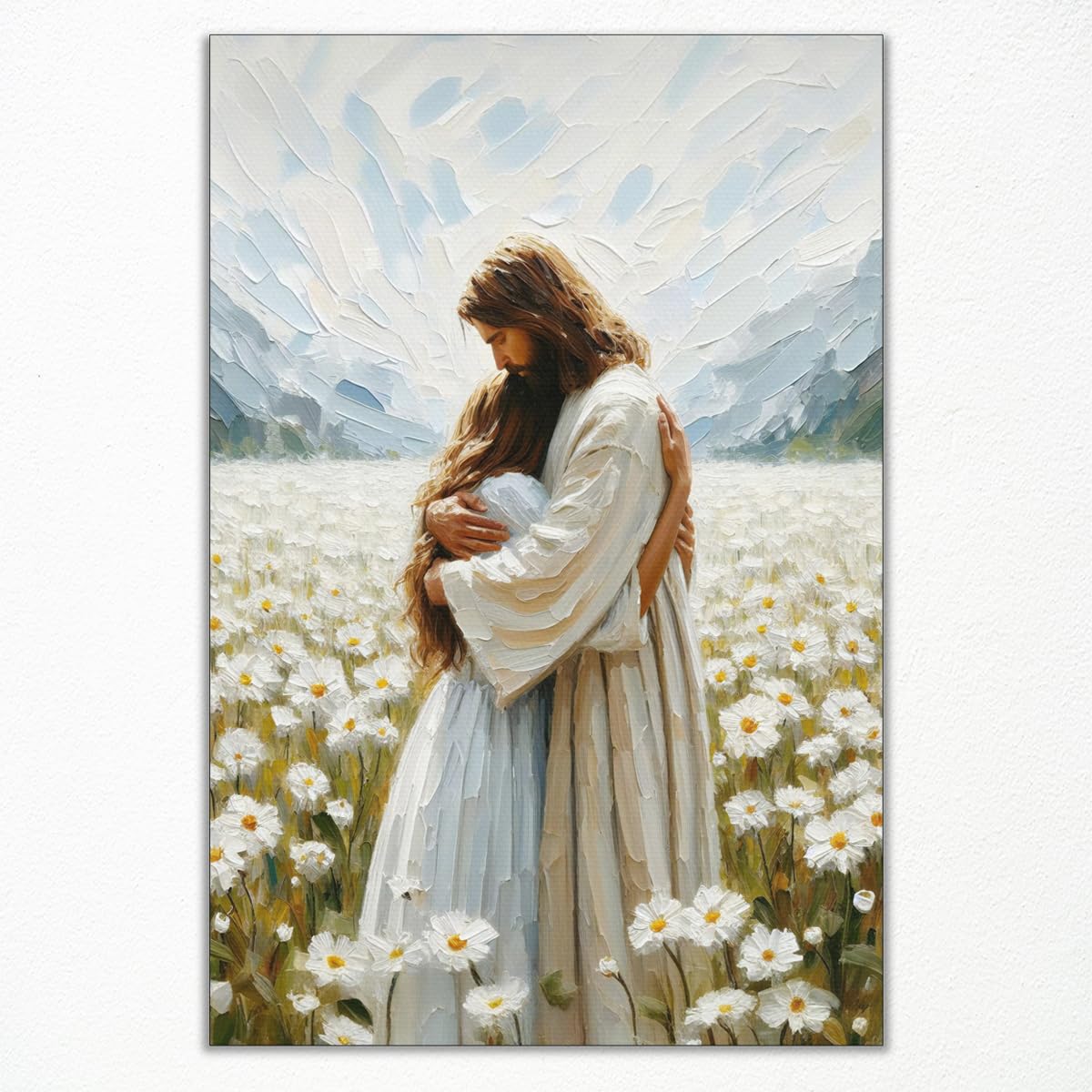 Cekjekle Christian Jesus Wall Art, Jesus Hugging Woman Canvas Poster, His Love Jesus Embracing Girl Painting, Religious Prayer LDS Art Print, Biblical Scripture Picture for Wall 24x36in Unframed