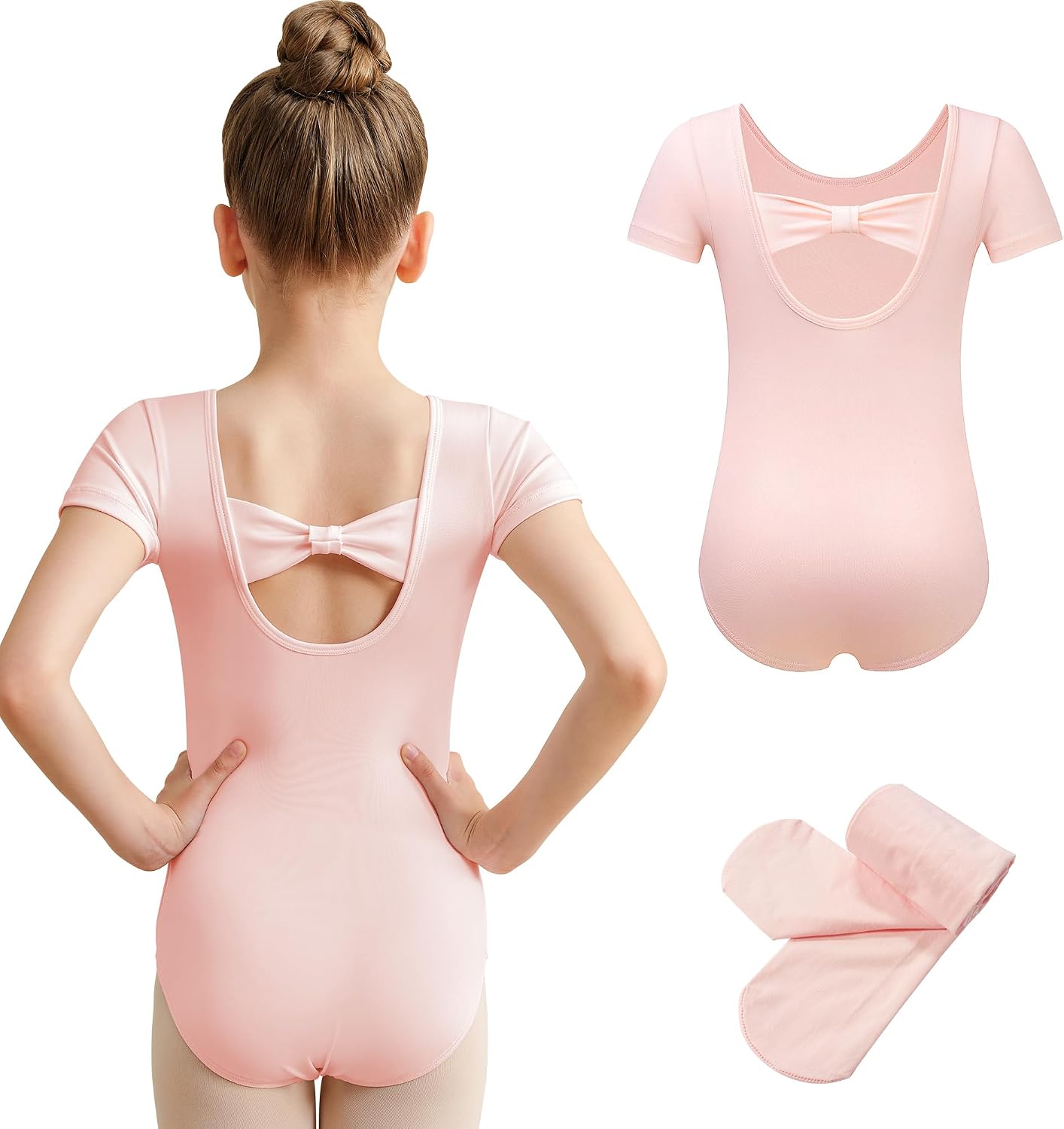 Dance Leotard for Girls Outfits with Bow Back | Extra dance socks,Comfy and Elastic Fabric,Special Back Design with Bow Back,Full Front Lining,Suitable Occasions
