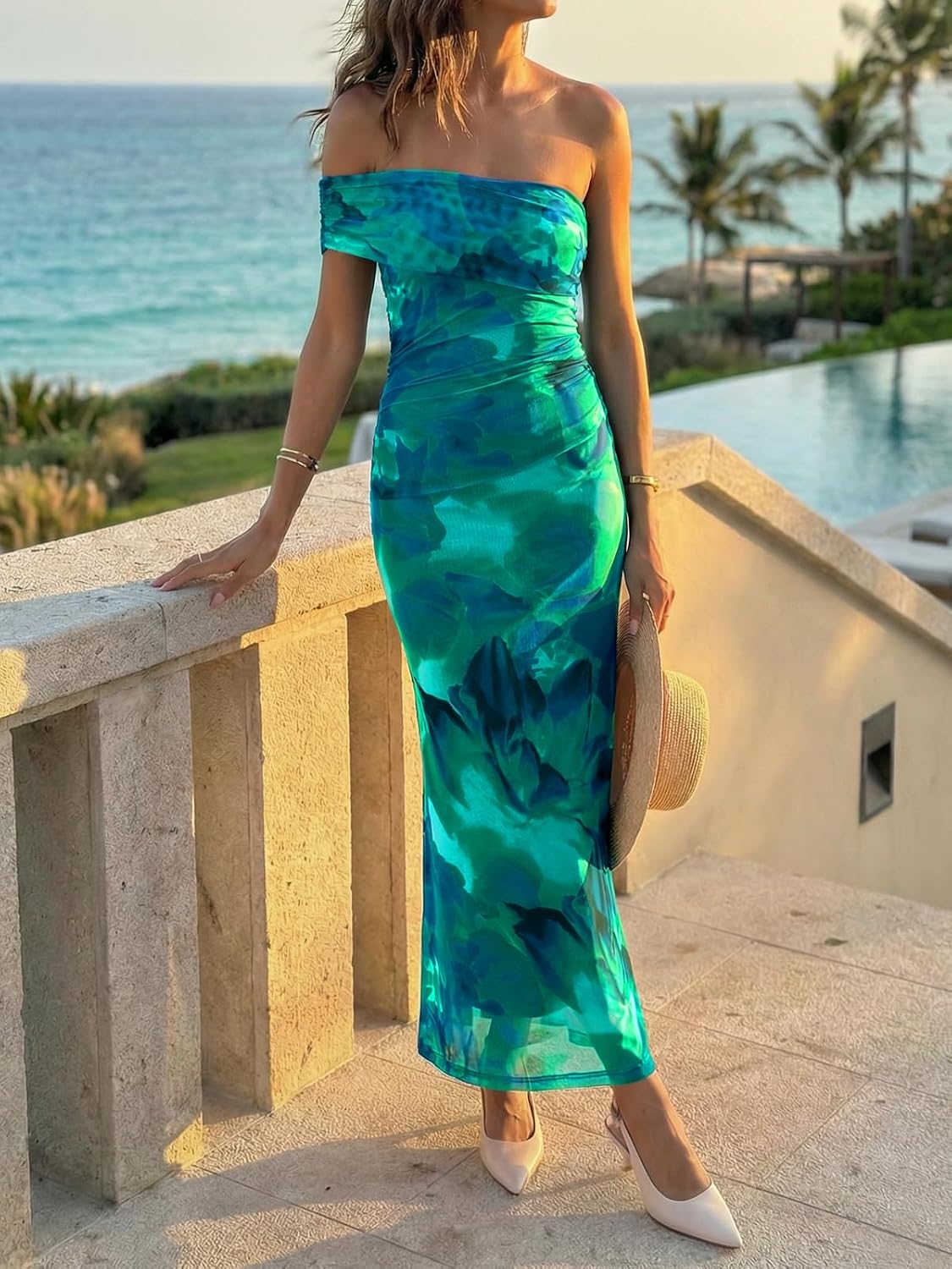 Wenrine Womens Off The Shoulder Dress Cocktail Summer Floral Maxi Mesh Casual Sleeveless Bodycon Formal Party Dresses