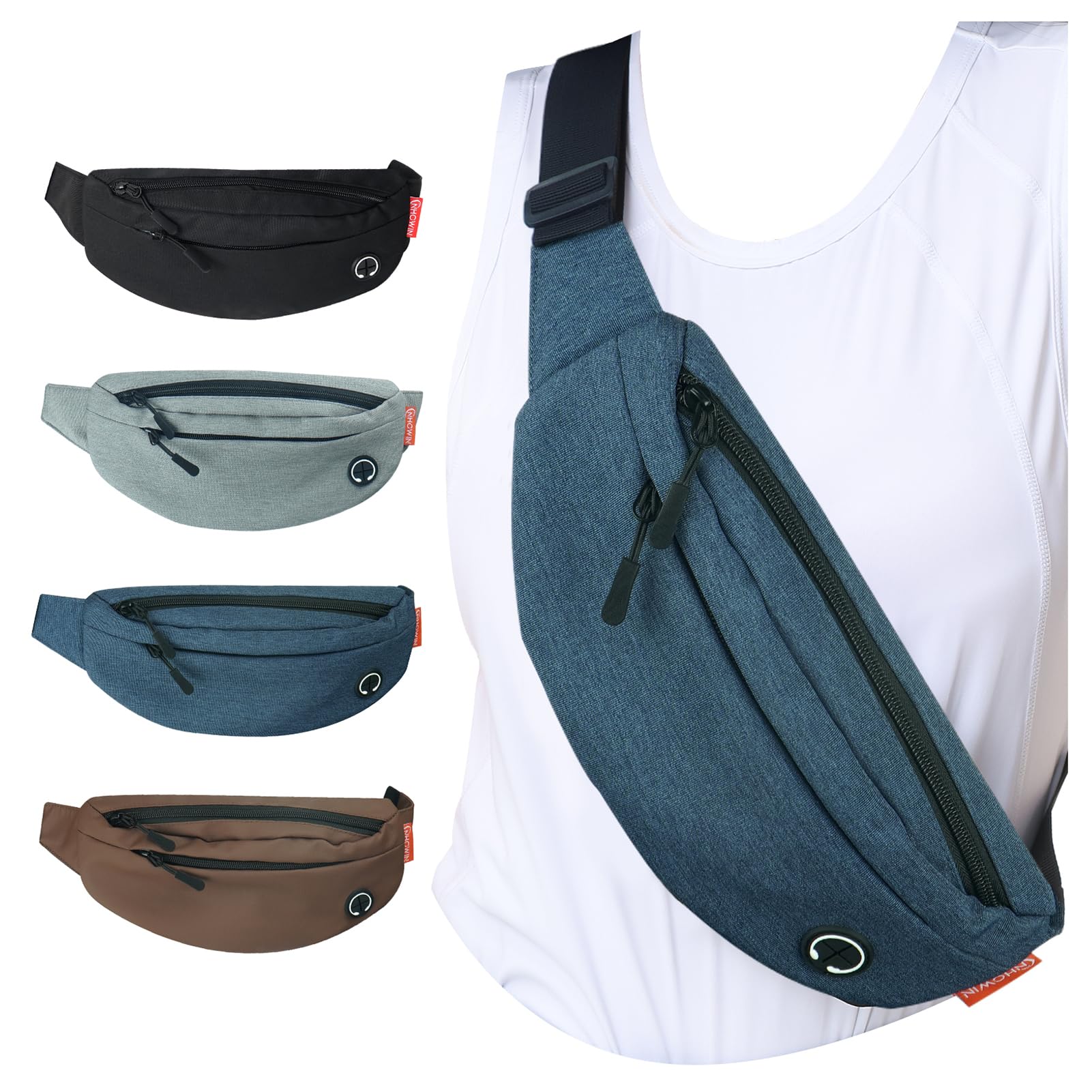 NHOWIN Fanny Pack for Men Women Crossbody, Waterproof Waist Pack Phone Holder with 4 Zipper Pockets Running Belt for Jogging Hiking Cycling Travel