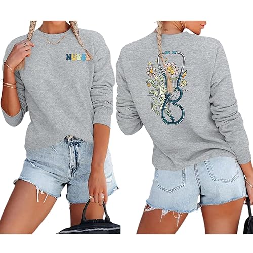 Nurse Graphic Crewneck Sweatshirts for women Floral Stethoscope Lightweight Sweatshirt