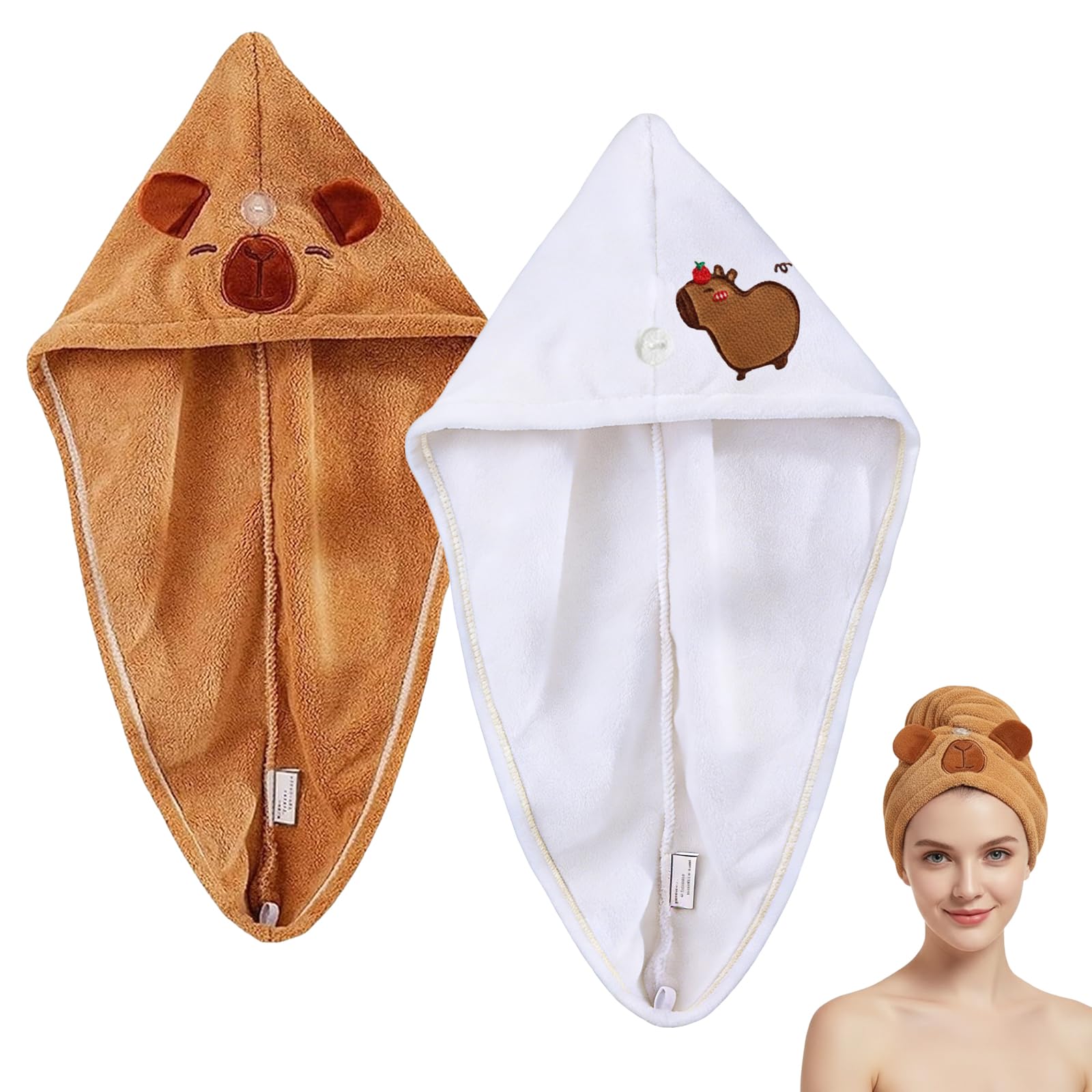 2 asciugamani in microfibra per capelli, Capybara, asciugamano per capelli, in microfibra, super assorbente, morbido, anti-crespa, asciugamano per capelli da donna, chiusura con bottone