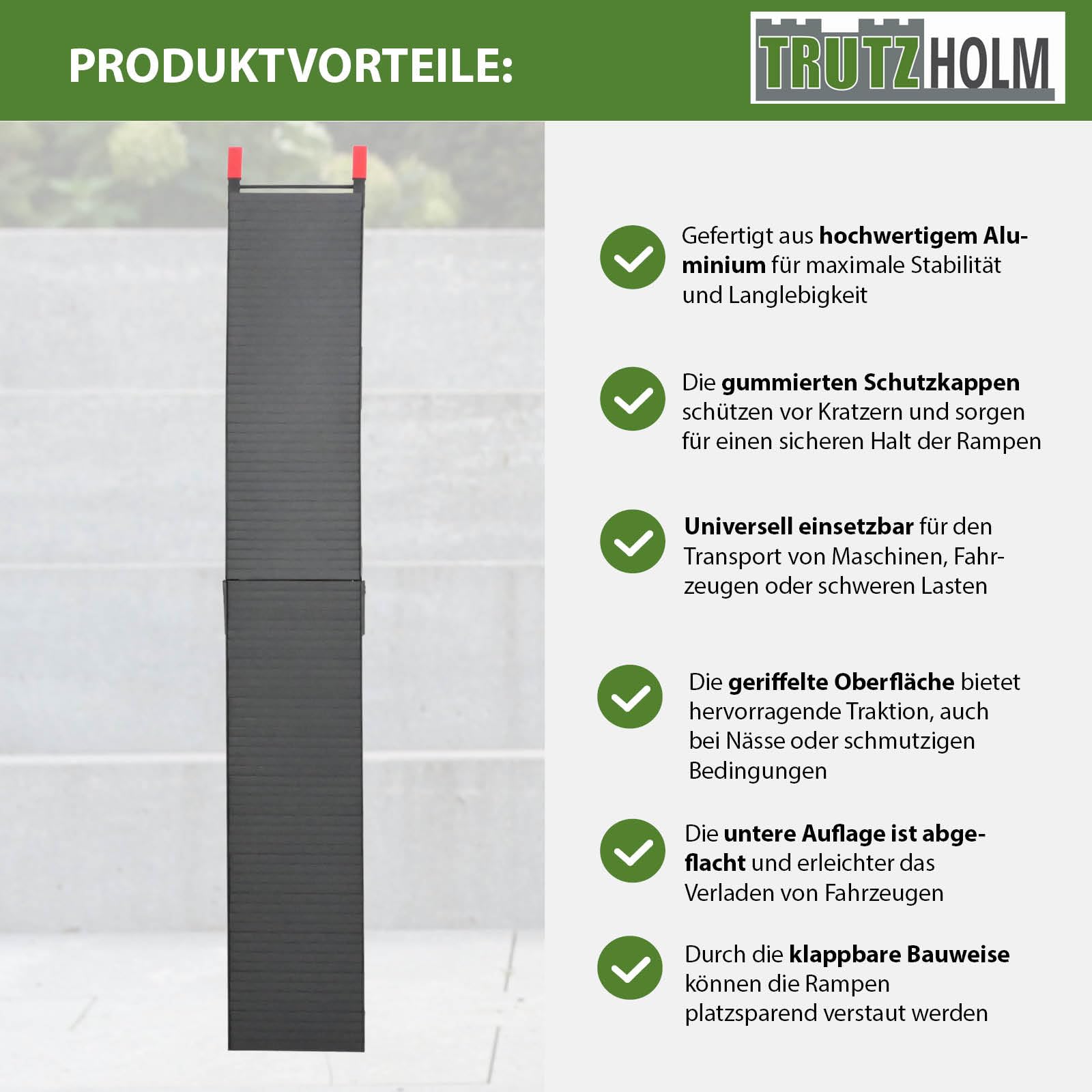 TRUTZHOLM 1x Auffahrrampe klappbar Aluminium Gesamtlänge 205 cm Traglast 340 kg geriffelte Oberfläche gummierte Auflage Rampe Motorradrampe Verladerampe inkl. Spanngurt in schwarz