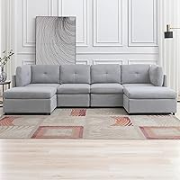 Vista 6 de Sofá modular seccional, sofá convertible en forma de U con otomanas extraíbles, diseño capitoné, sofá modular de 6 asientos para sala de estar, gris