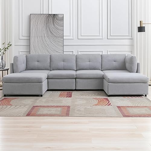 Miniatura 6 de Sofá modular seccional, sofá convertible en forma de U con otomanas extraíbles, diseño capitoné, sofá modular de 6 asientos para sala de estar, gris