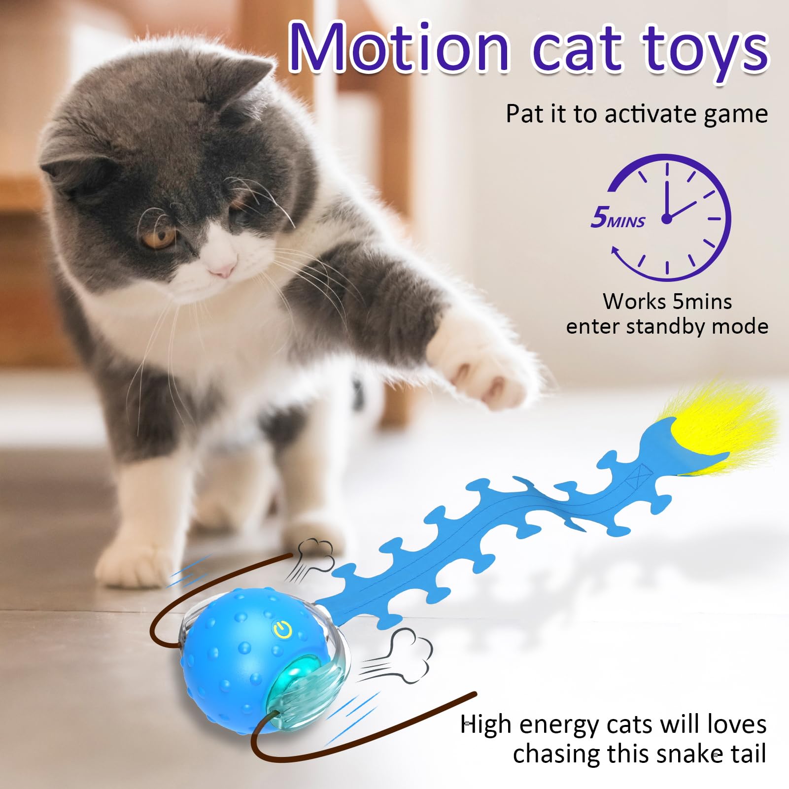 Giociv Balle interactive pour chat d'intérieur - Rapide à rouler sur la moquette - Couinement et mouvement activé - Bleu