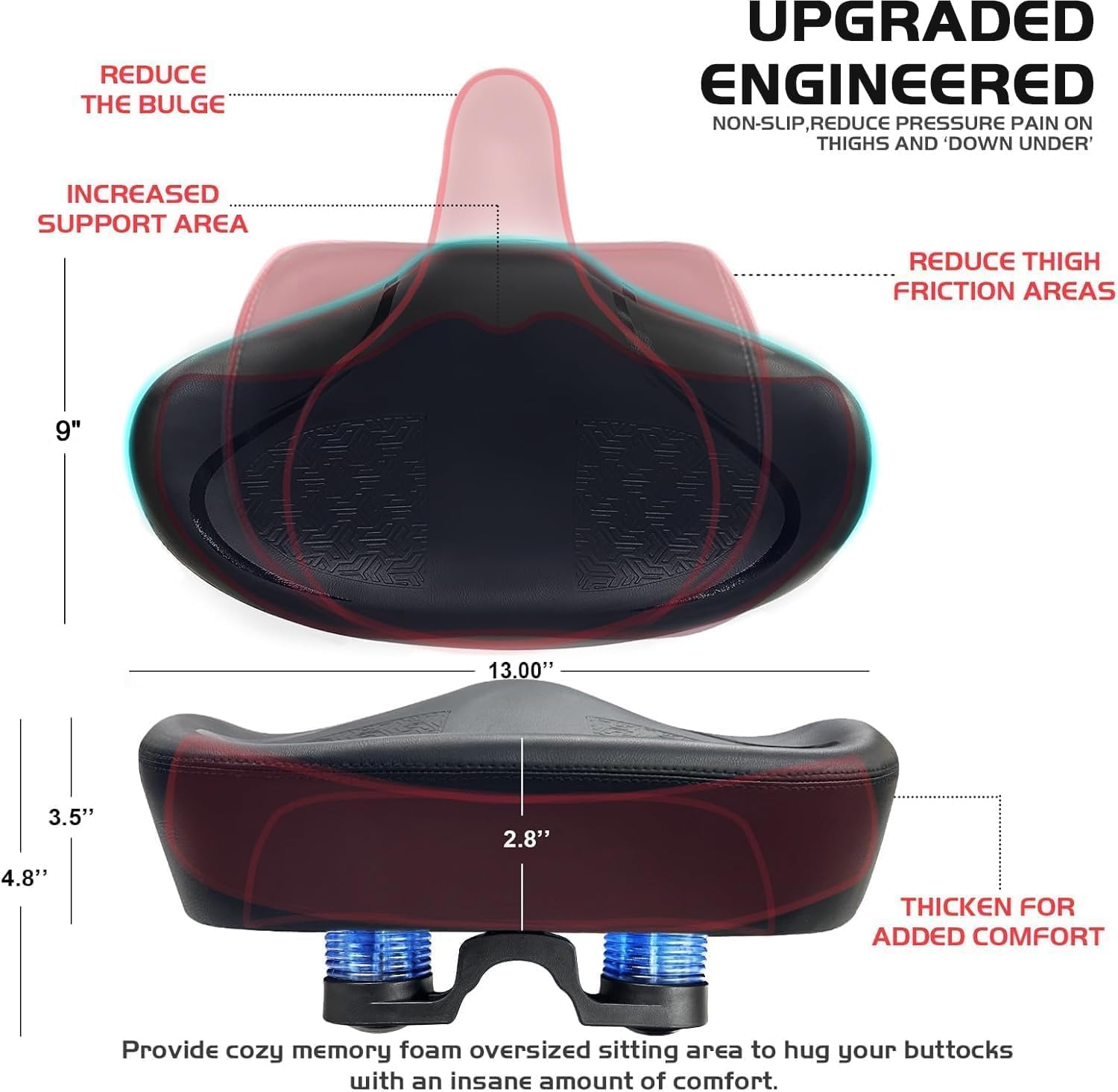 Coussin de selle de vélo sans nez pour hommes et femmes - Rembourrage et confort supplémentaires, selle de vélo large, selle surdimensionnée confortable pour vélos Peloton, vélos d'exercice, vélos
