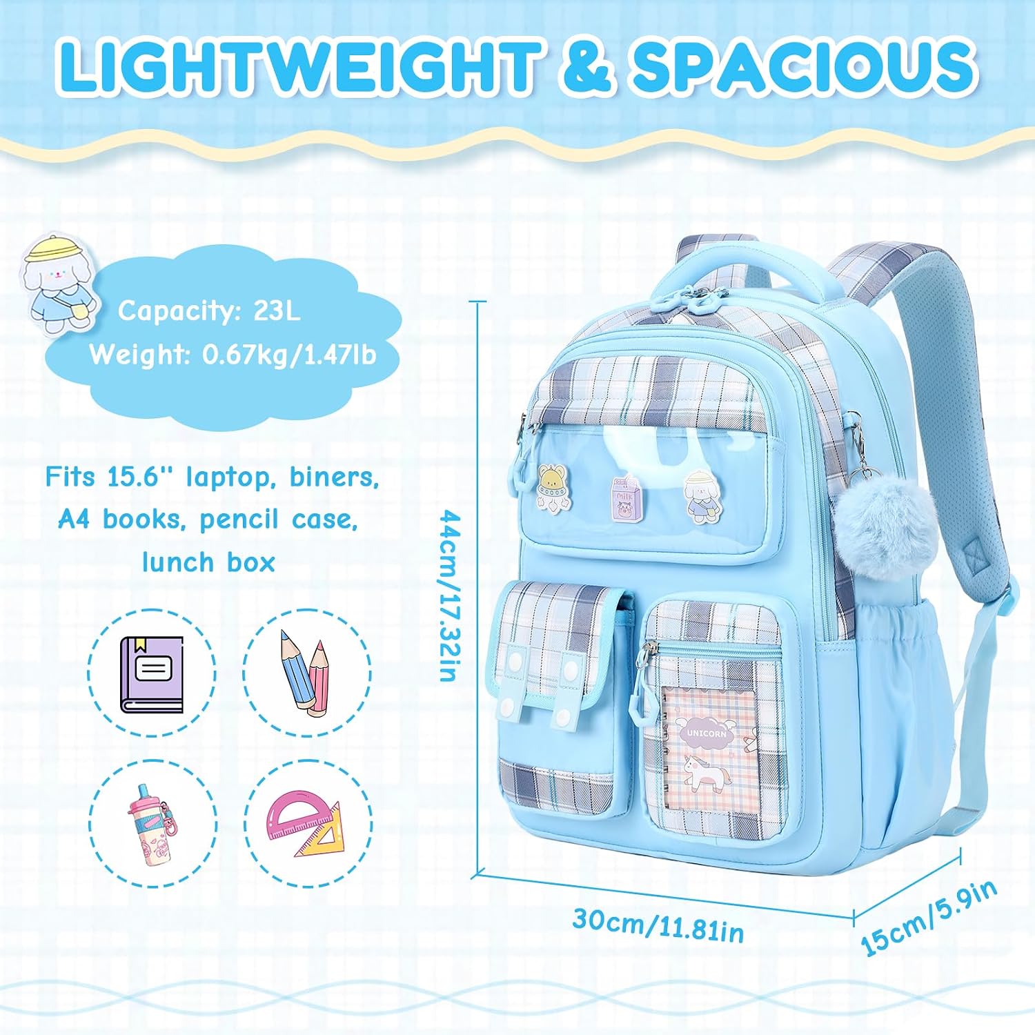 Kids Backpack for Girls - Kawaii School Backpack with Cartoon Pins & Pom Pom Charm - Lightweight Water Resistant Bookbag for Elementary Students - Travel Backpack with Luggage Strap - Blue