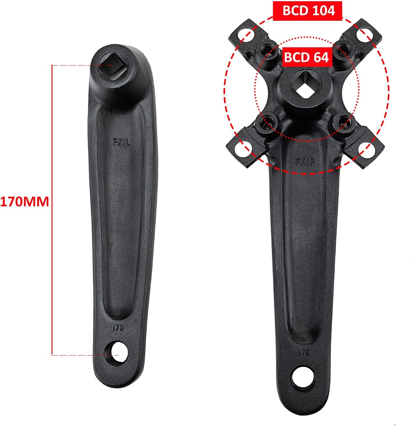 BUCKLOS Double/Triple 64/104 BCD Square Taper Bike Crankset - 2x/3x Mountian Bike MTB 170mm Bicycle Cranksets with 22/24/26/32/38/42/44T Chainring for 8/9/10 Speed