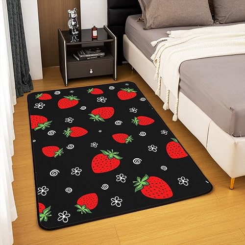 Miniatura 4 de Alfombra de área de fresa de 5 x 7 pies, alfombra Kawaii de frutas para sala de estar, dormitorio, bonita alfombra decorativa antideslizante de anime