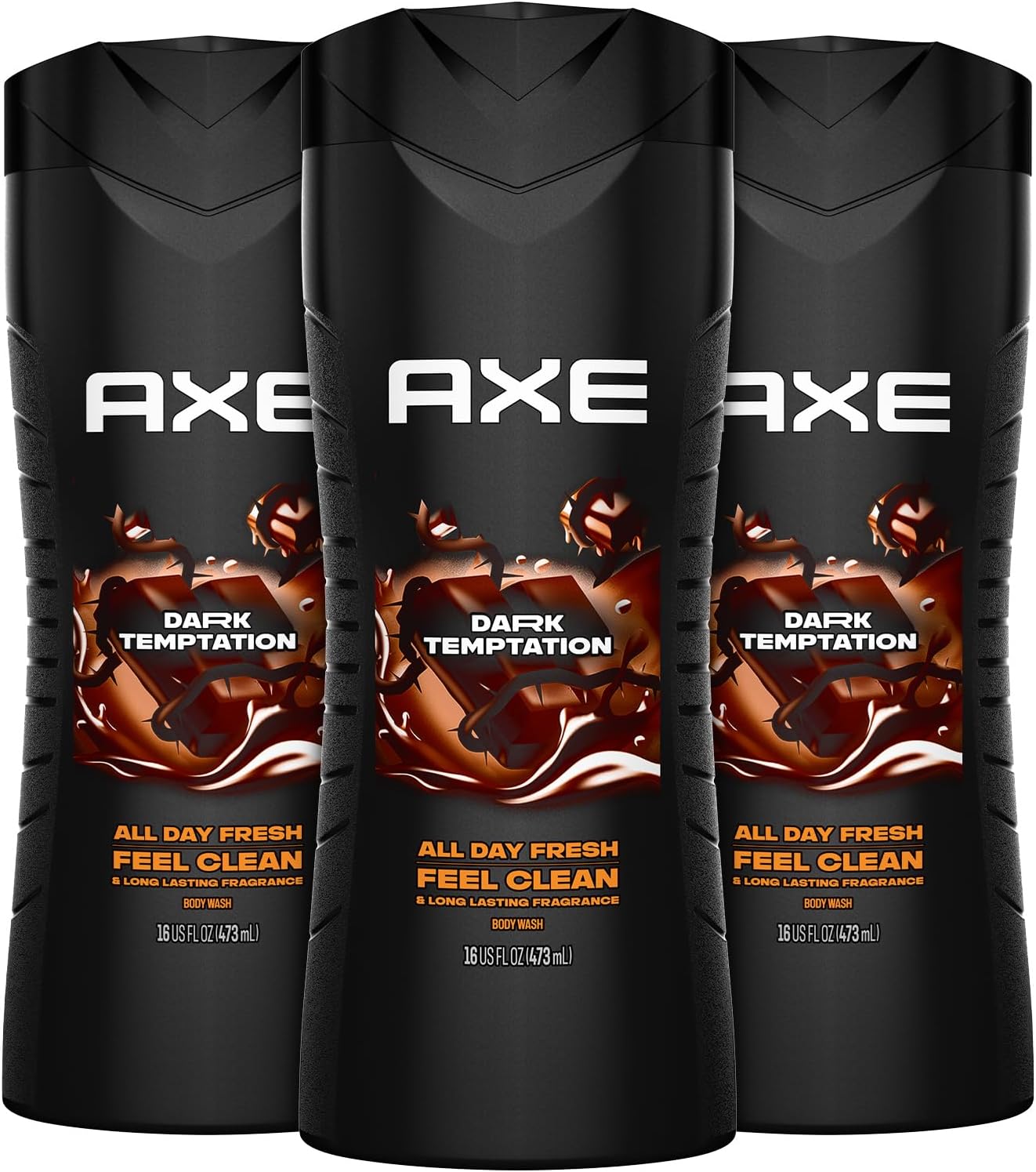 Men's Body Wash, Dark Temptation, 3-Pack, 12H Refreshing Chocolate Scent, 16 Fl Oz Ea