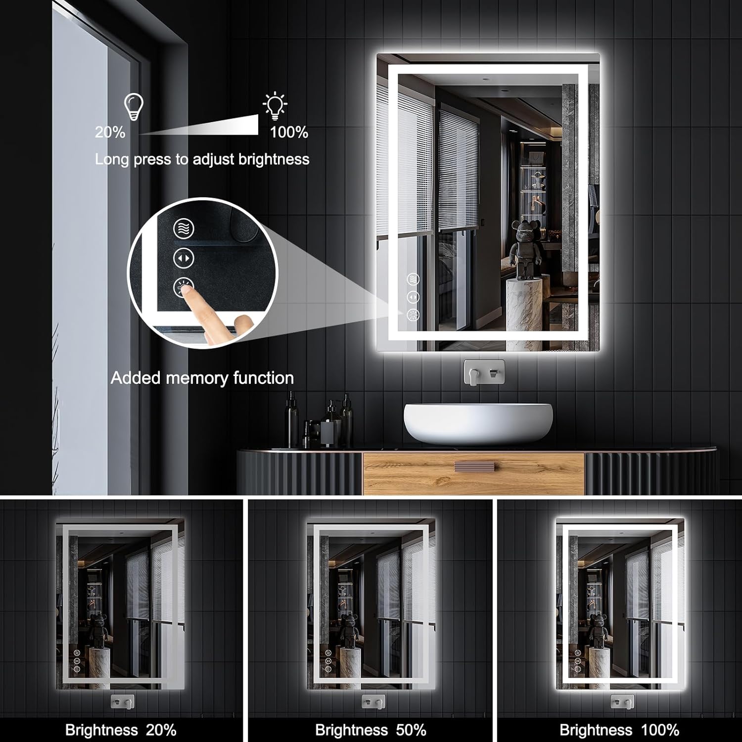 24x32 LED Bathroom Mirror with Lights, Anti Fog Vanity Mirror Wall Mounted, Dimmable Front Light and Backlight, Memory Function Tempered Glass, Shatter Proof ETL Listed