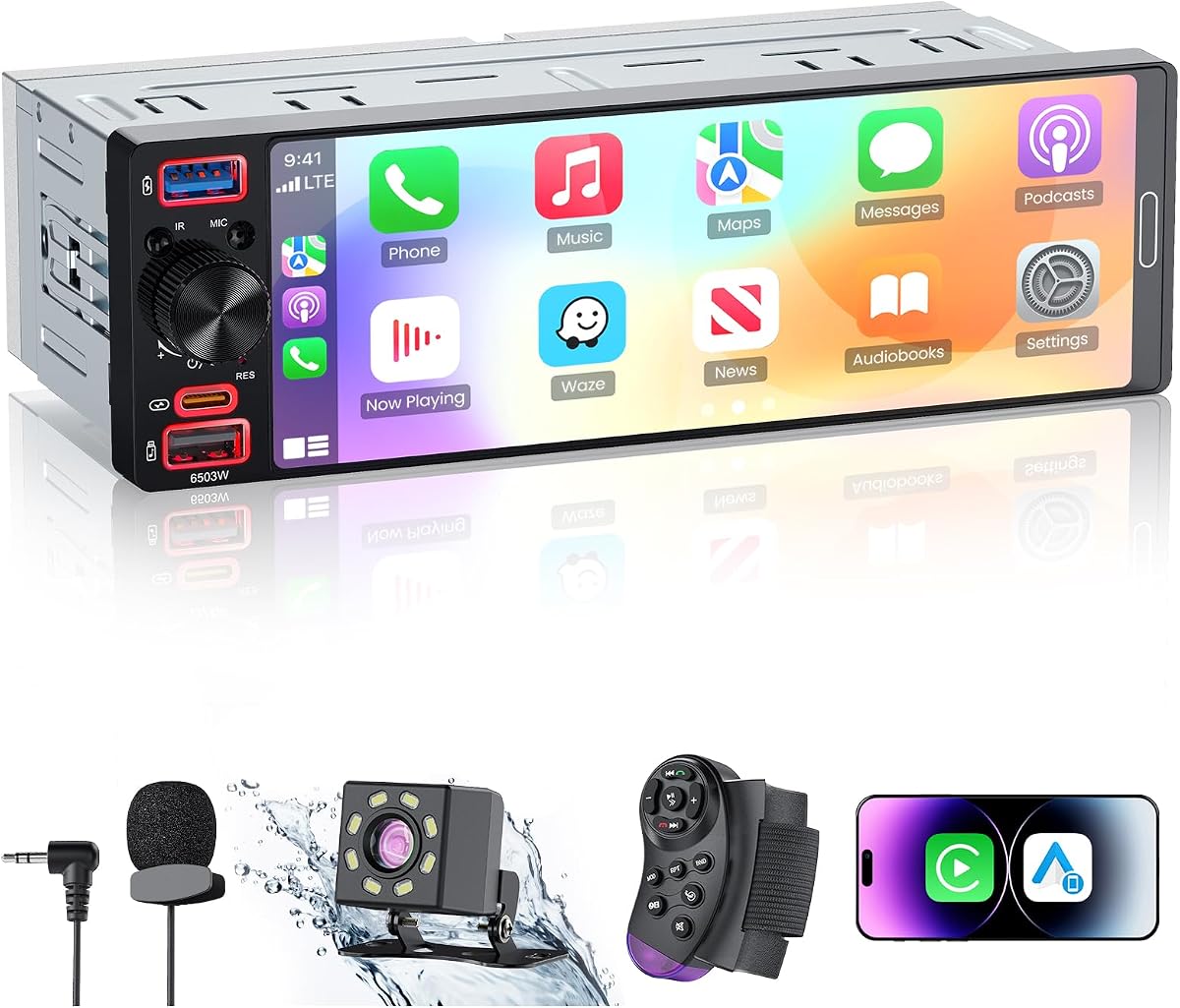 Single Din Radio Car Stereo with Apple CarPlay & Android Auto | 6.5” InCell Touchscreen Car Radio,Bluetooth 6.0,Type-C Fast Charging, 1080P Backup Camera,GPS,AM&FM,Voice Control,Mirror Link