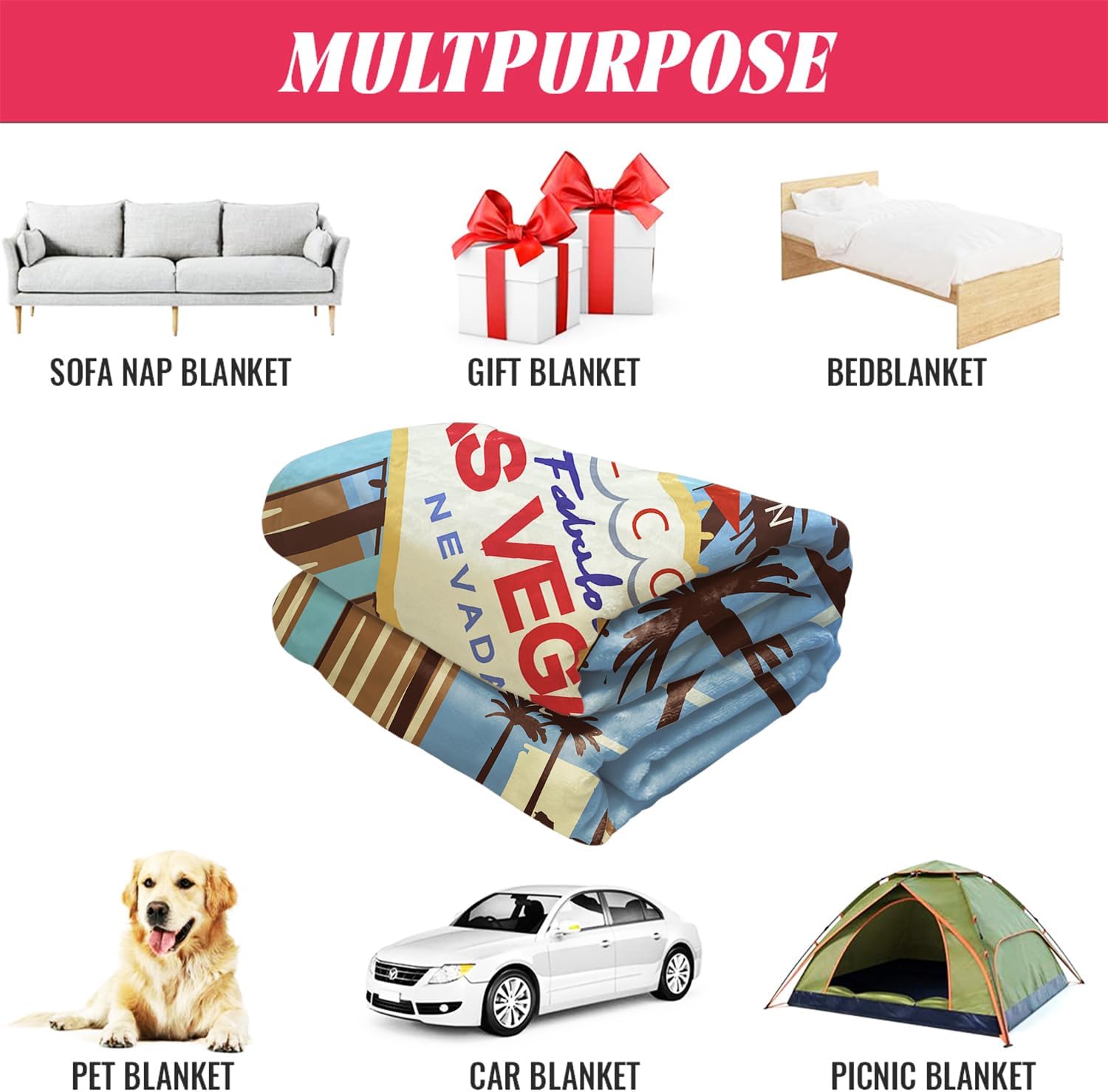 HommomH Las Vegas Sign Blanket, Soft Cozy Lightweight Fleece Throw Blankets for Couch Sofa Bed, 60 x 80 Inches