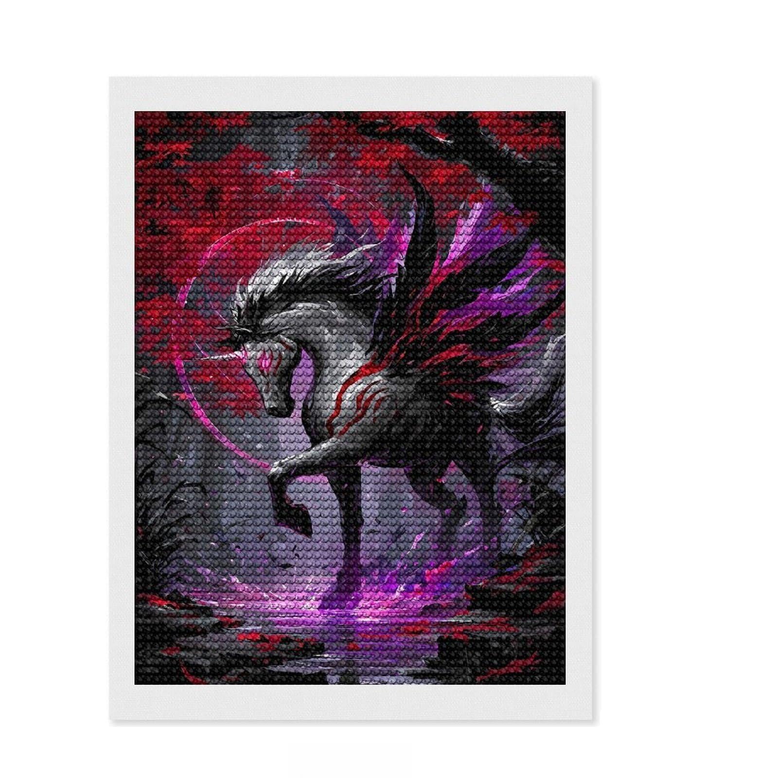 Junmoney Dark Winged Unicorn in Forest Full Drill Diamond Painting Kit 12"x16", Full Kit Included, Aesthetic Room Decor, for Family Craft Time