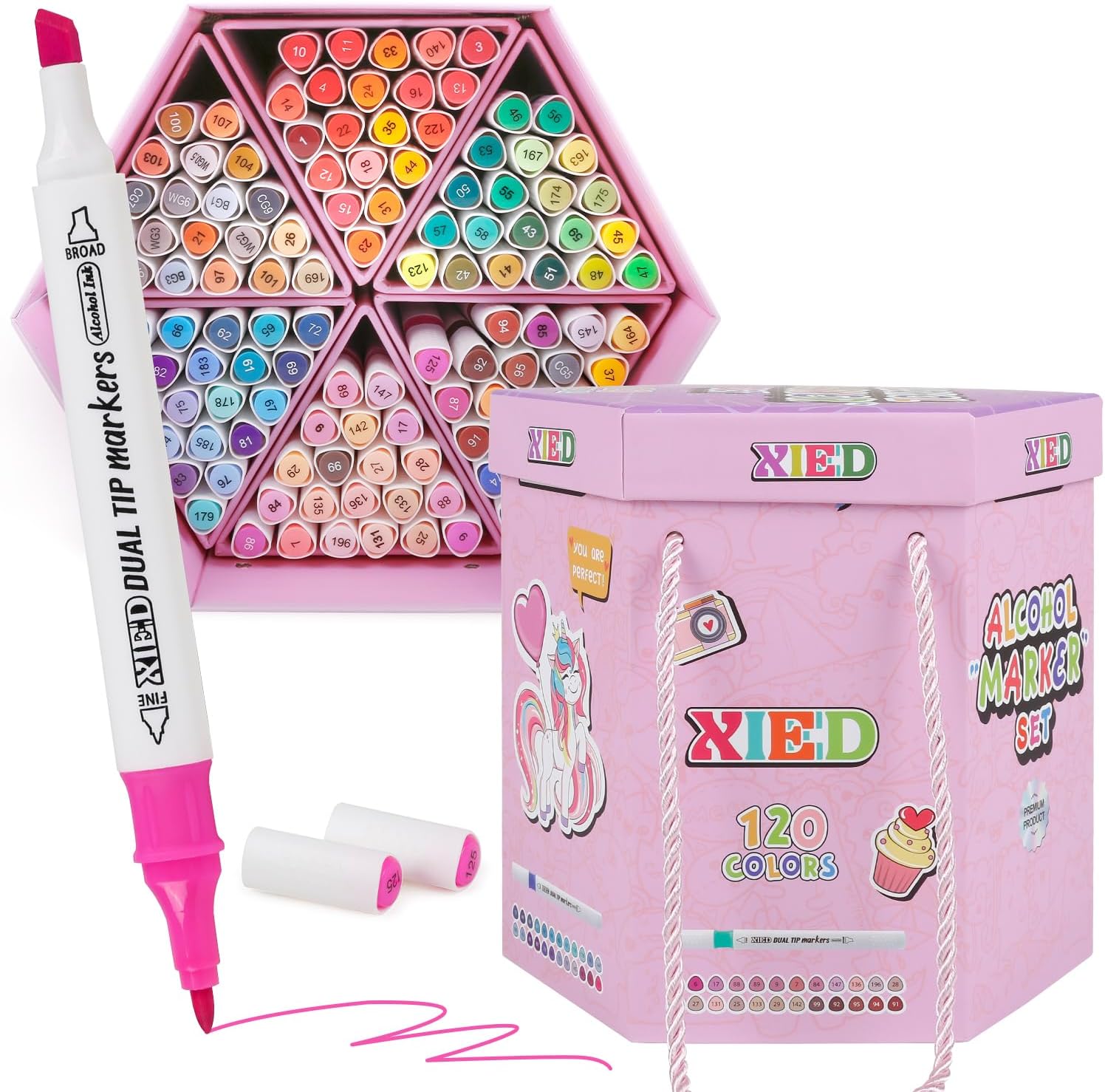 [2025 Upgraded Alcohol Markers, 120 Colors Premium Hexagonal Markers Set Gift Box for Kids, Students, Adults, Artists in Coloring & Drawing(Fine &Broad) Pink