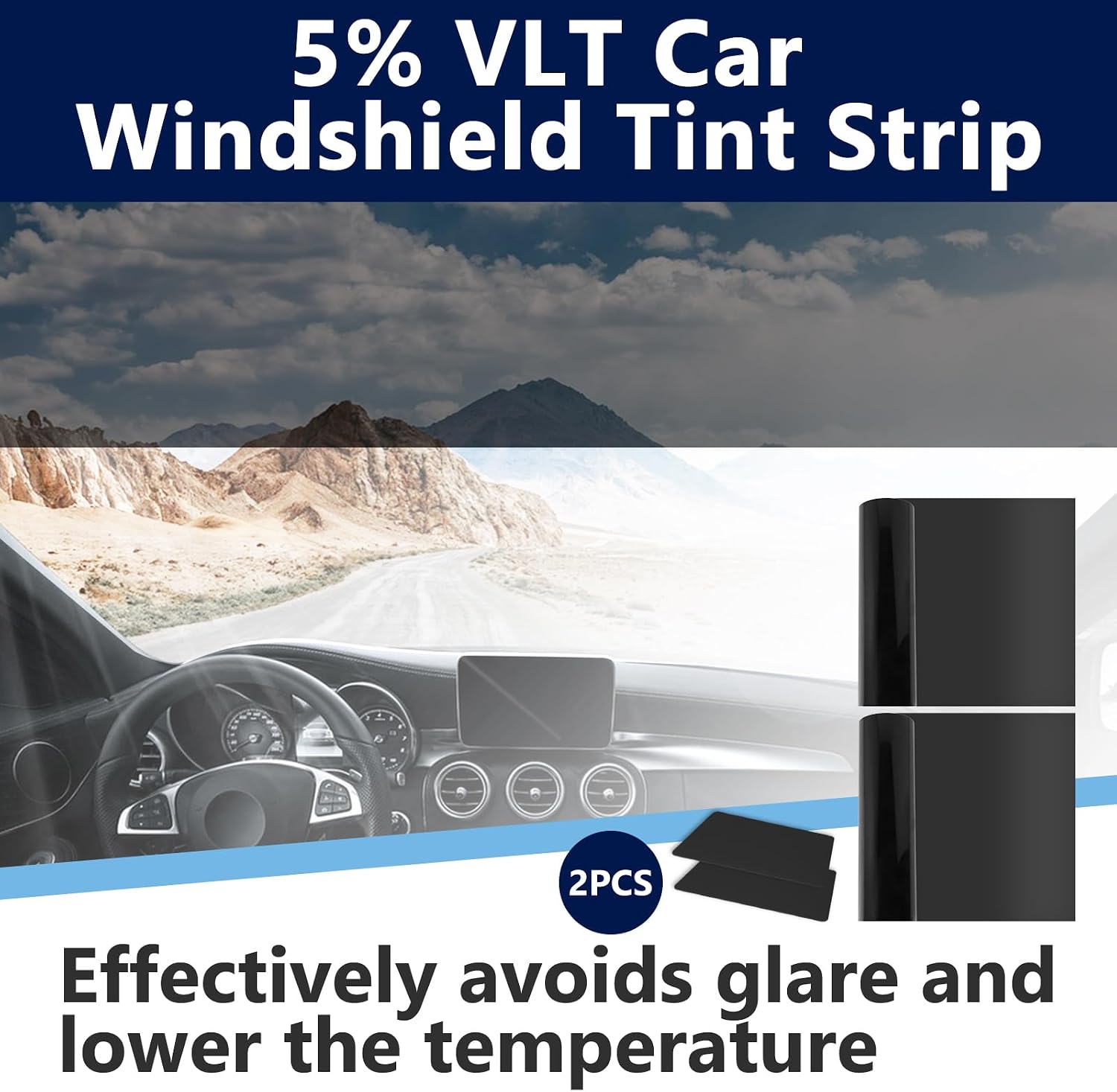 2Pcs 59.06x7.87 Windshield Tint Strip, 5% VLT Sun Shading Heat & UV Protection Car Windshield Tint Strip, Sun Visor Tint Film for Blocking Light and Reducing Glare, Include 2 Squeegee
