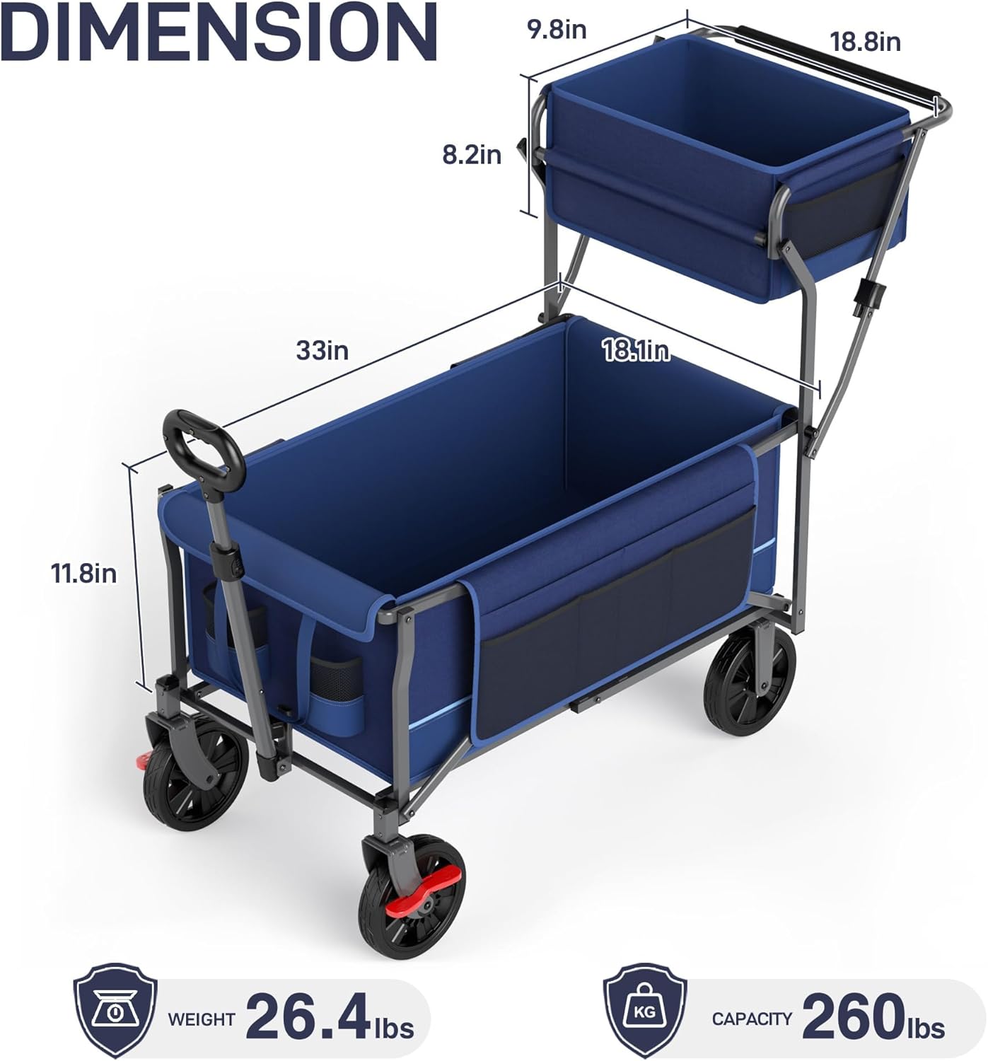 Diagram showing the dimensions of the EVER ADVANCED shopping cart, including length, width, and height, along with its weight and capacity.